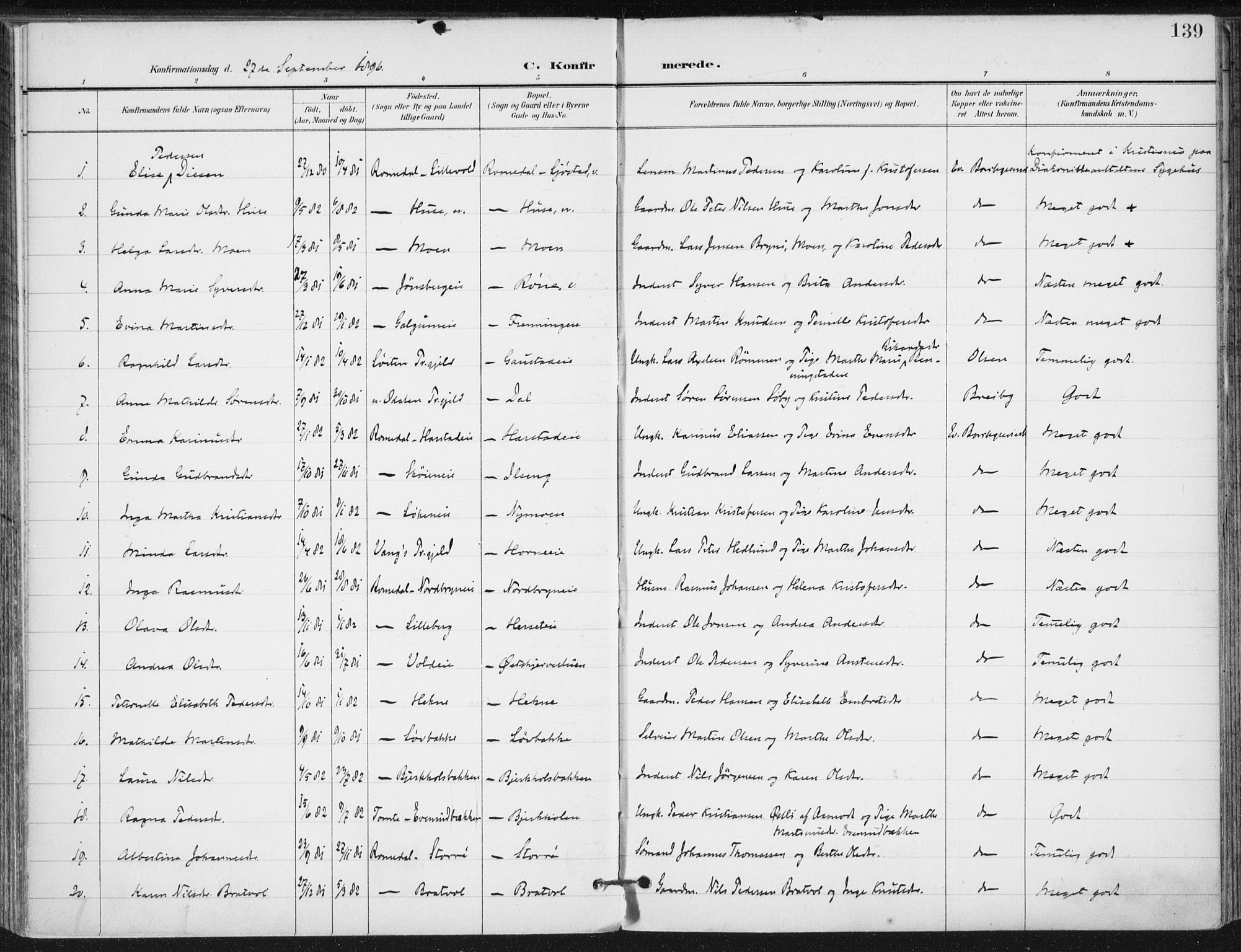 Romedal prestekontor, SAH/PREST-004/K/L0011: Parish register (official) no. 11, 1896-1912, p. 139