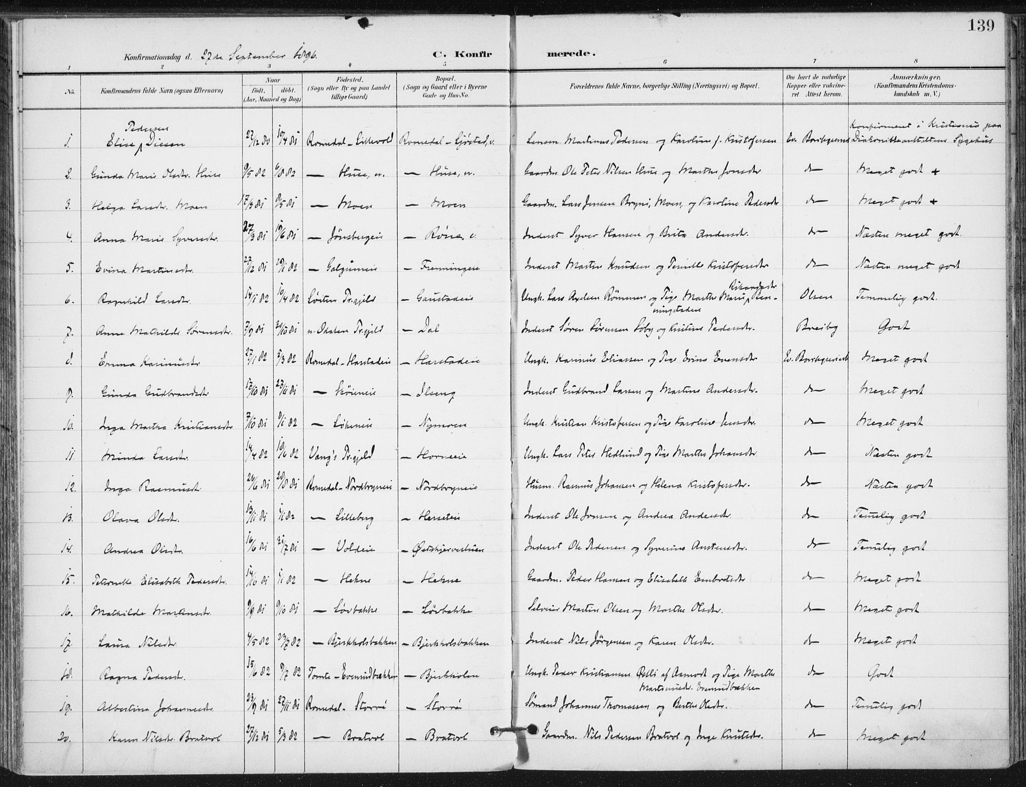 Romedal prestekontor, AV/SAH-PREST-004/K/L0011: Parish register (official) no. 11, 1896-1912, p. 139