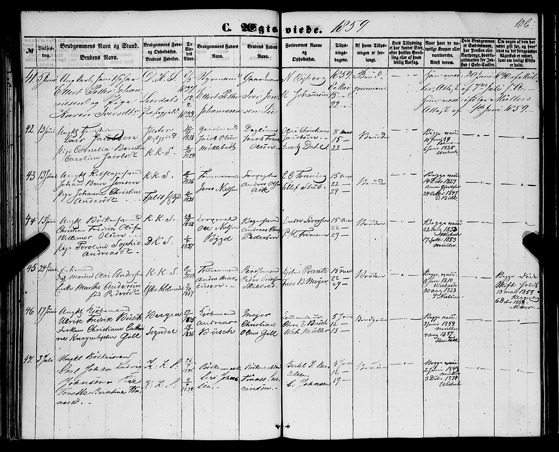 Korskirken sokneprestembete, AV/SAB-A-76101/H/Haa/L0035: Parish register (official) no. D 2, 1852-1867, p. 106