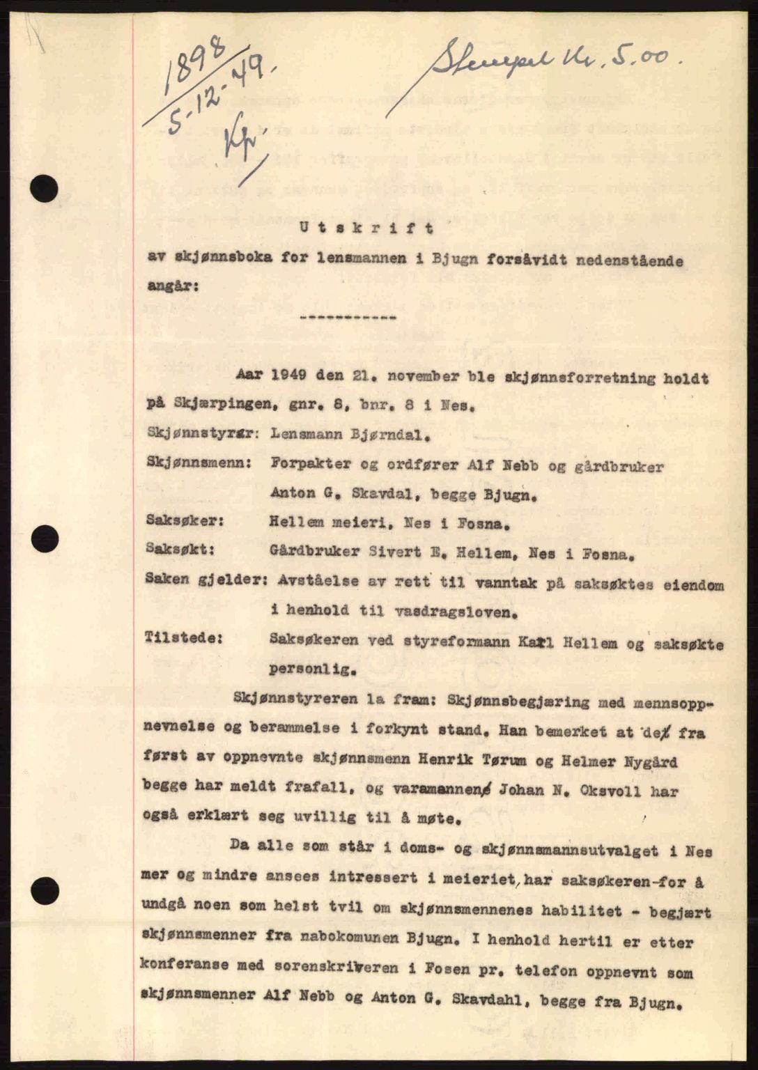 Fosen sorenskriveri, AV/SAT-A-1107/1/2/2C: Mortgage book no. A10, 1949-1950, Diary no: : 1898/1949