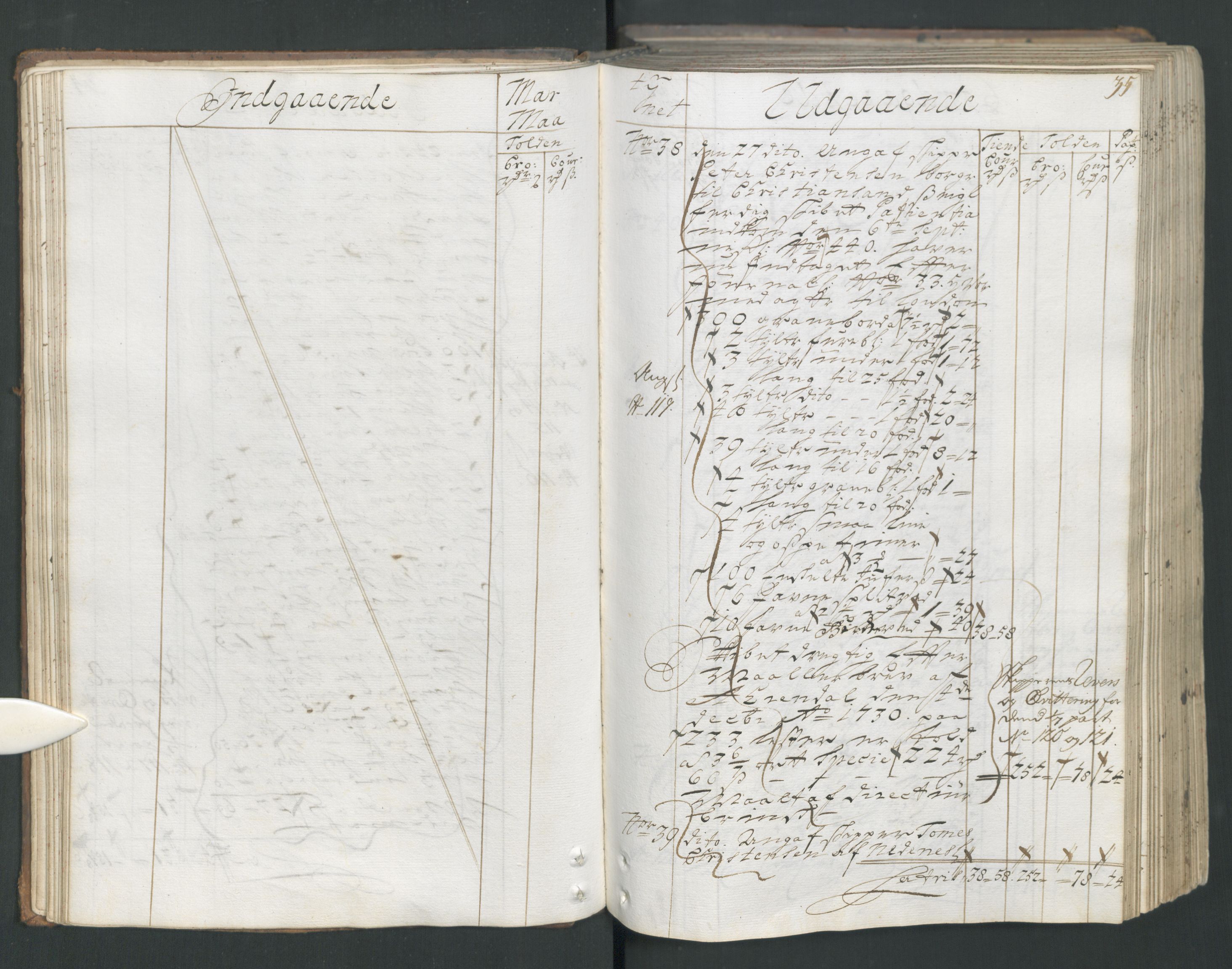 Generaltollkammeret, tollregnskaper, RA/EA-5490/R15/L0013/0001: Tollregnskaper Arendal / Hovedtollbok, 1733, p. 34b-35a