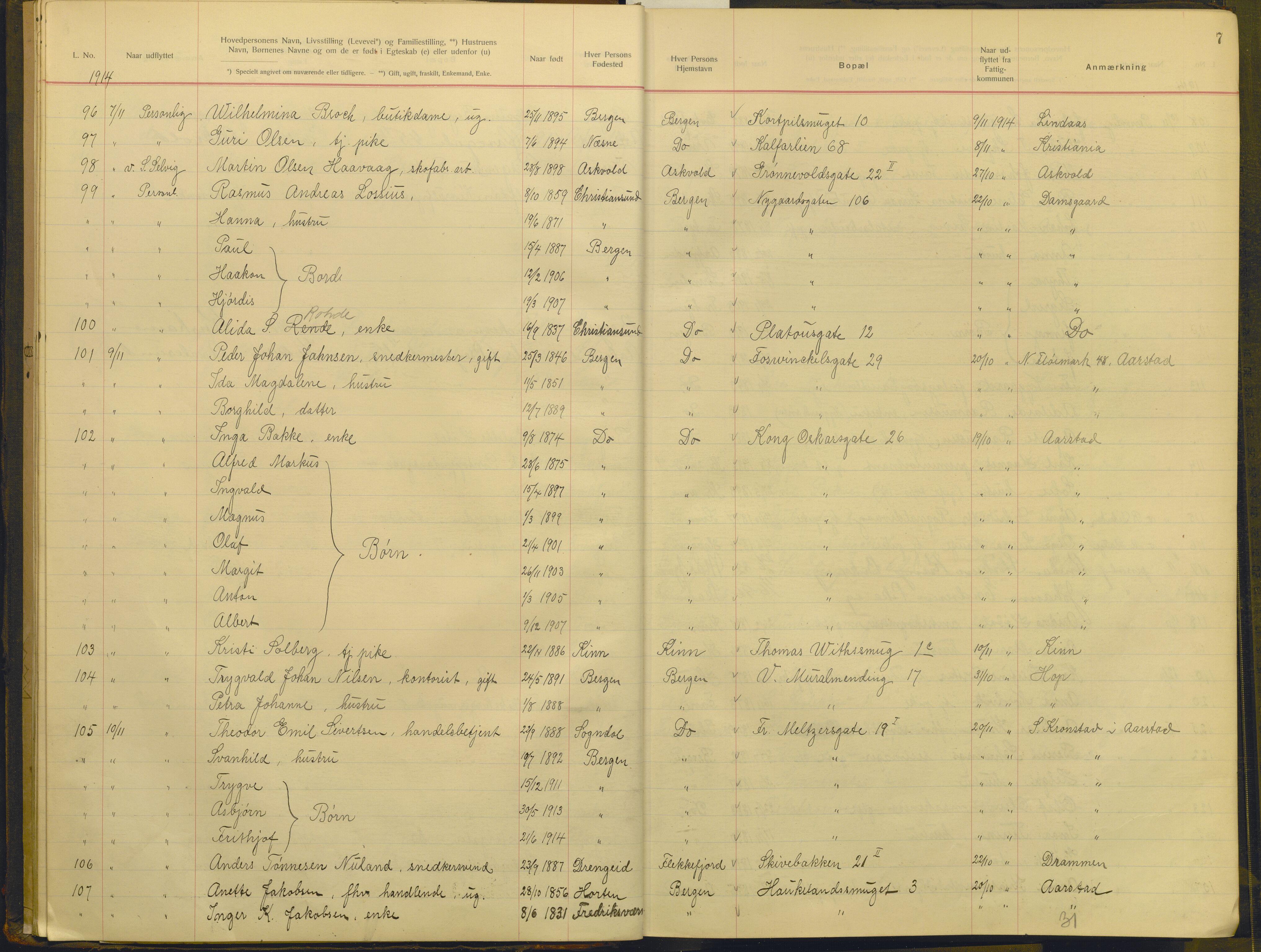 Bergen politikammer / politidistrikt, AV/SAB-A-60401/J.g/L0010: Protokoll over utflyttede, 1914-1917, p. 7