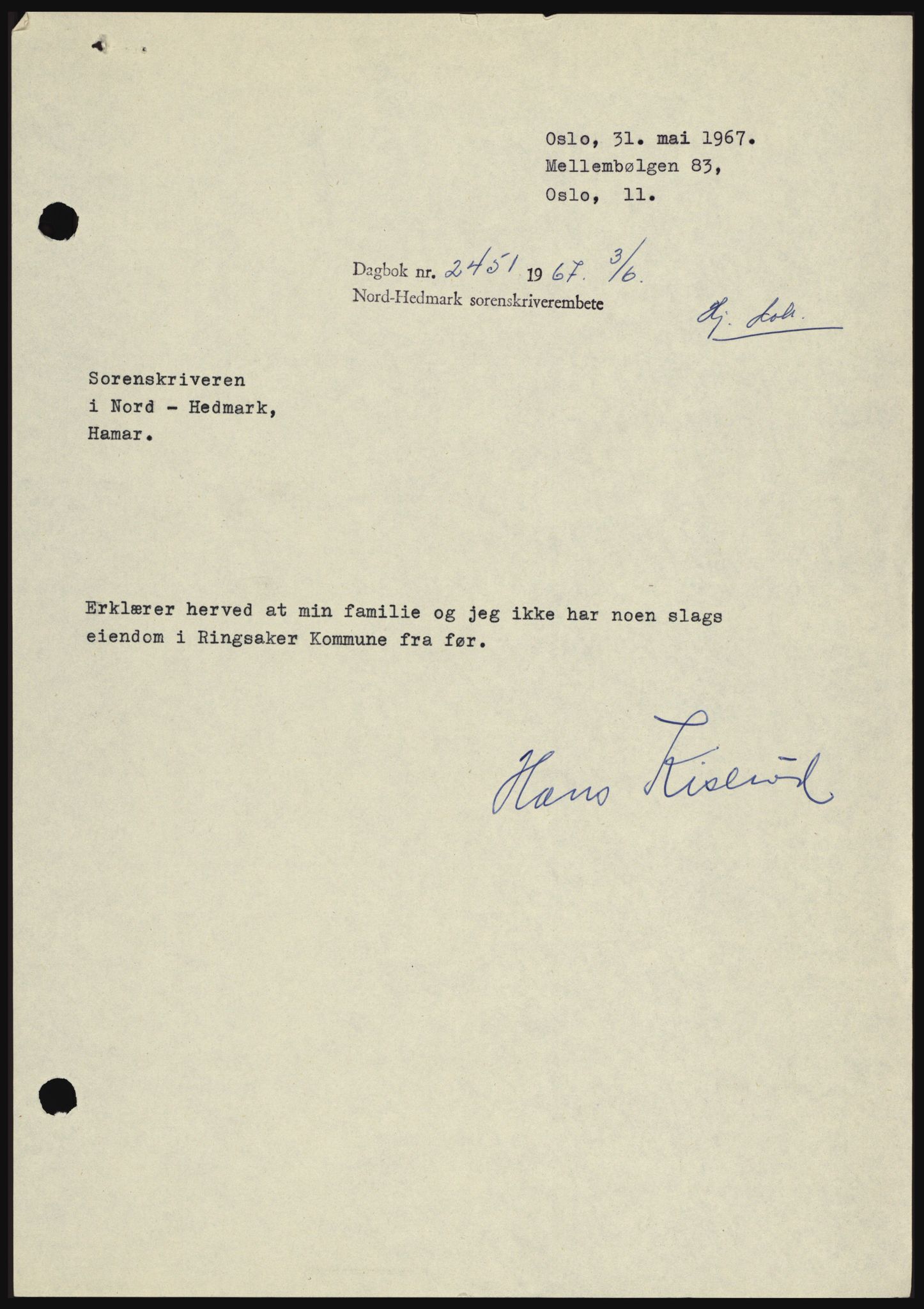 Nord-Hedmark sorenskriveri, SAH/TING-012/H/Hc/L0026: Mortgage book no. 26, 1967-1967, Diary no: : 2451/1967