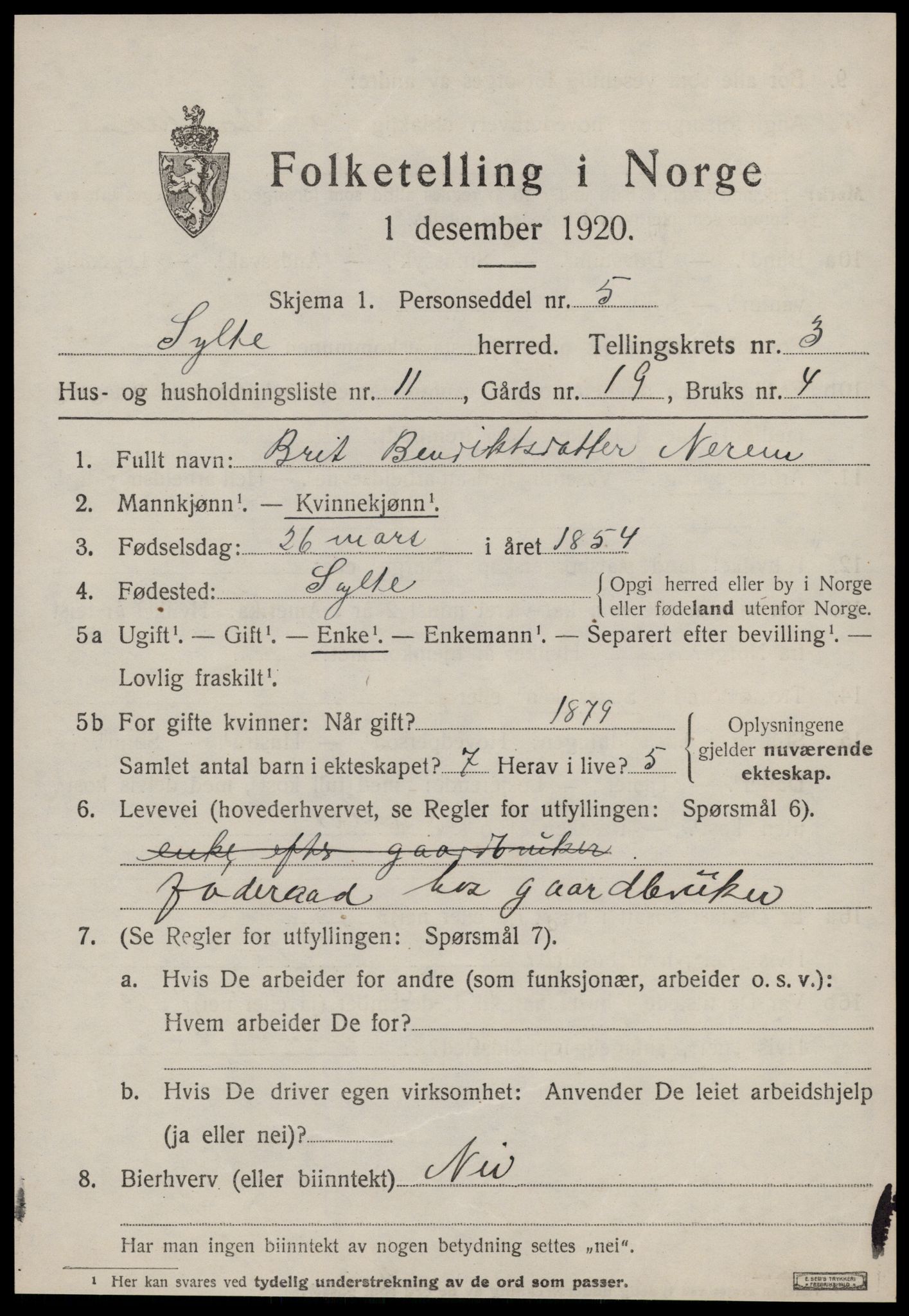 SAT, 1920 census for Sylte, 1920, p. 1901