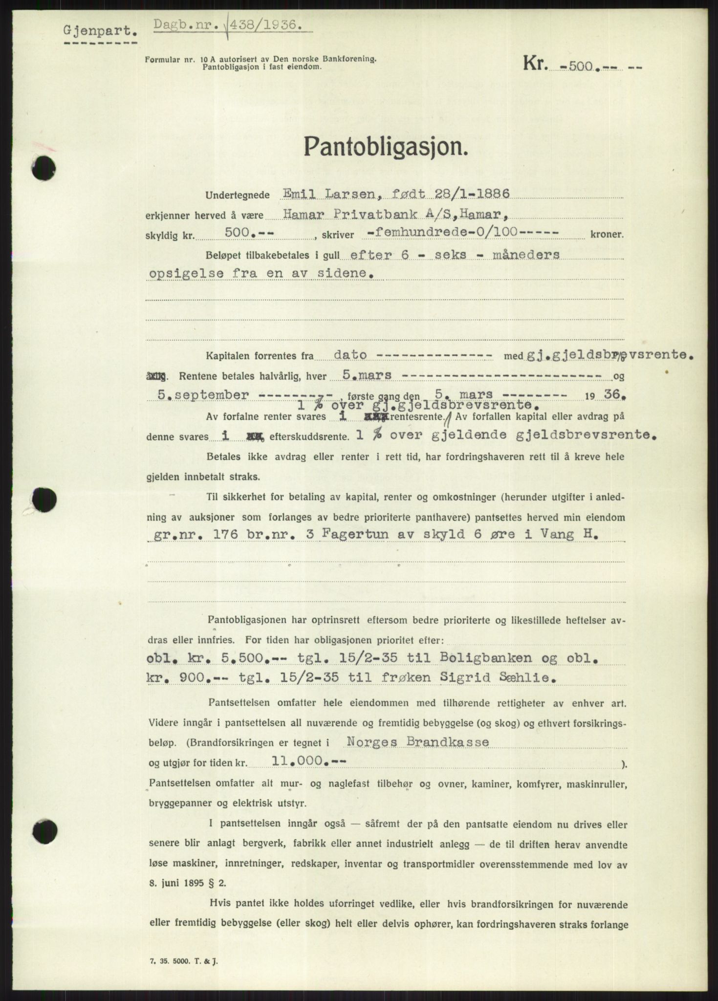 Nord-Hedmark sorenskriveri, SAH/TING-012/H/Hb/Hbf/L0001: Mortgage book no. B1, 1936-1936, Diary no: : 438/1936
