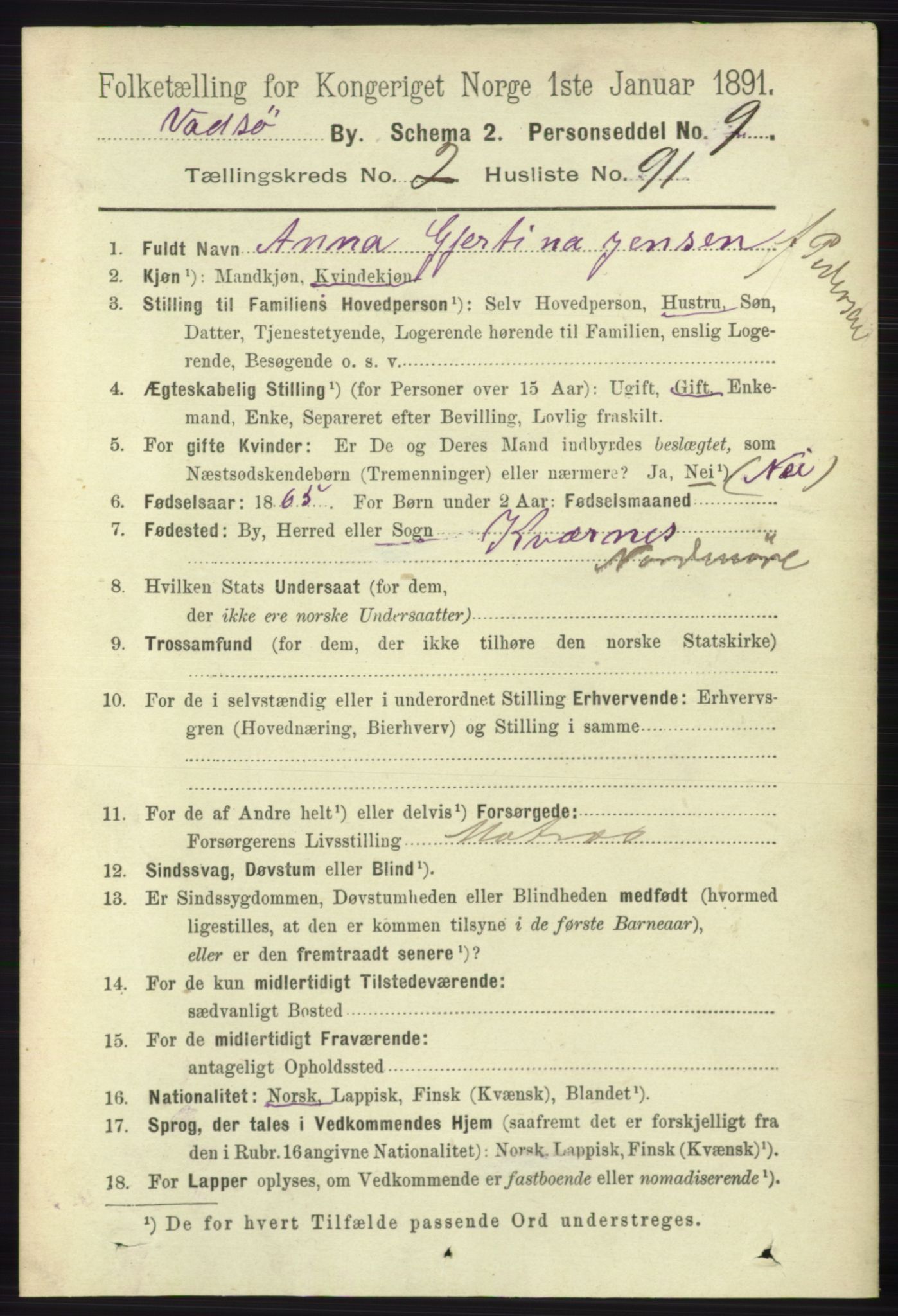 RA, 1891 census for 2003 Vadsø, 1891, p. 1581