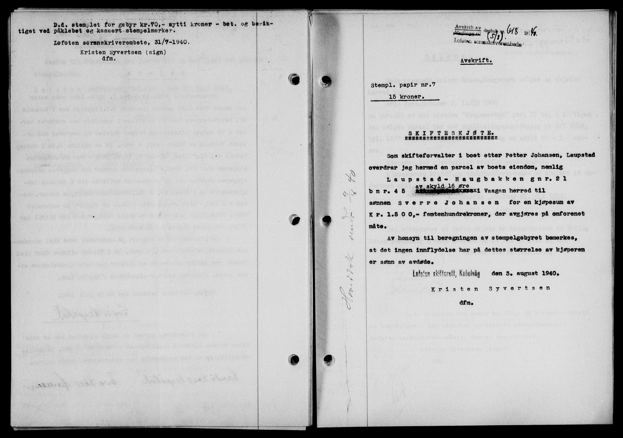 Lofoten sorenskriveri, SAT/A-0017/1/2/2C/L0007a: Mortgage book no. 7a, 1939-1940, Diary no: : 618/1940
