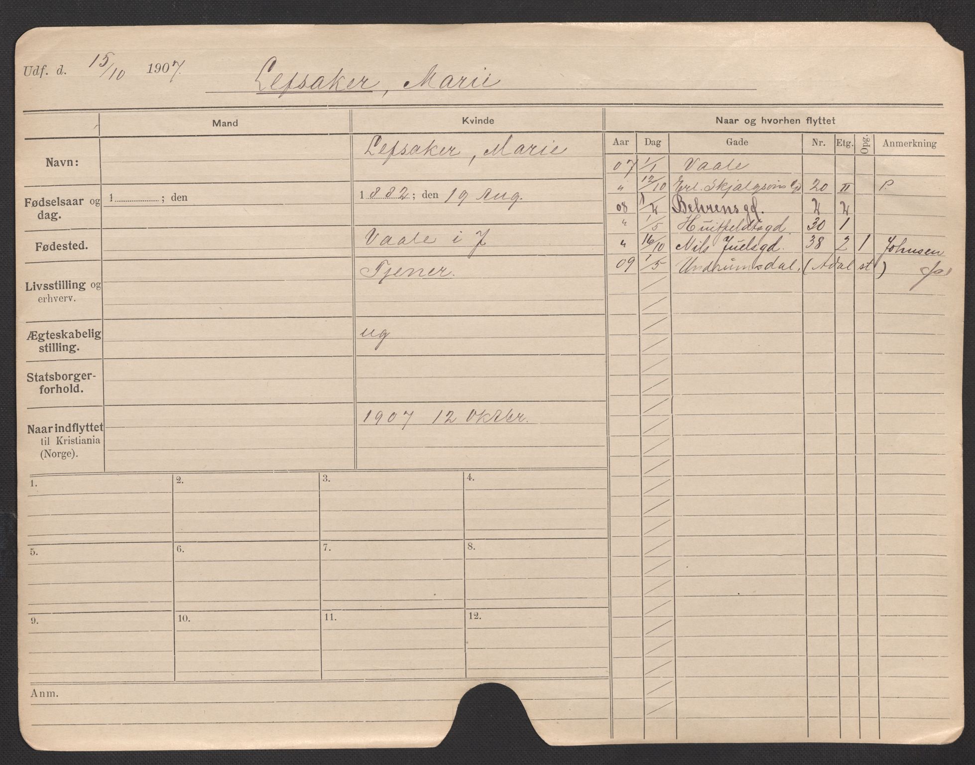 Oslo folkeregister, Registerkort, AV/SAO-A-11715/F/Fa/Fac/L0020: Kvinner, 1906-1914, p. 2a