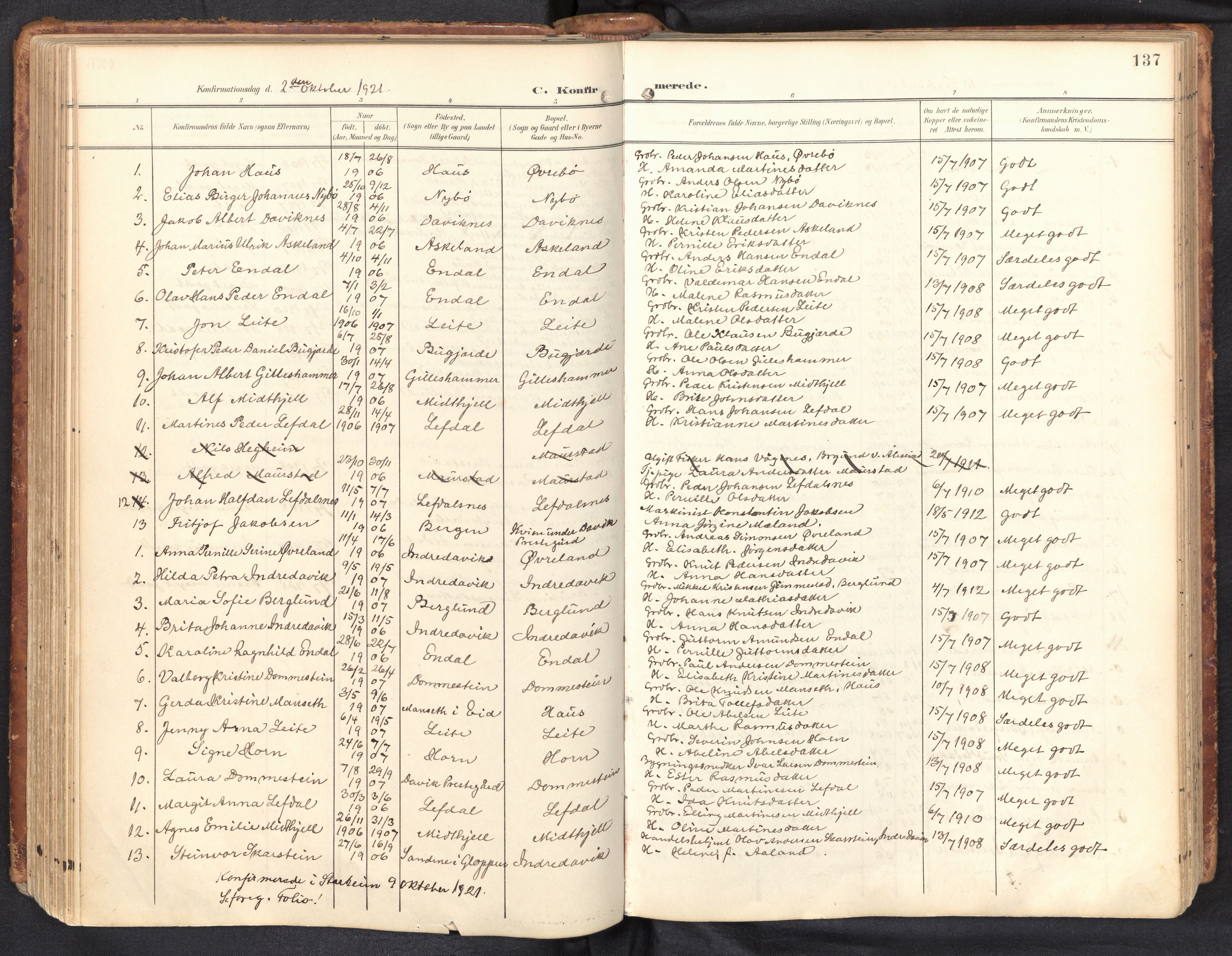 Davik sokneprestembete, AV/SAB-A-79701/H/Haa/Haab/L0002: Parish register (official) no. B 2, 1901-1934, p. 137