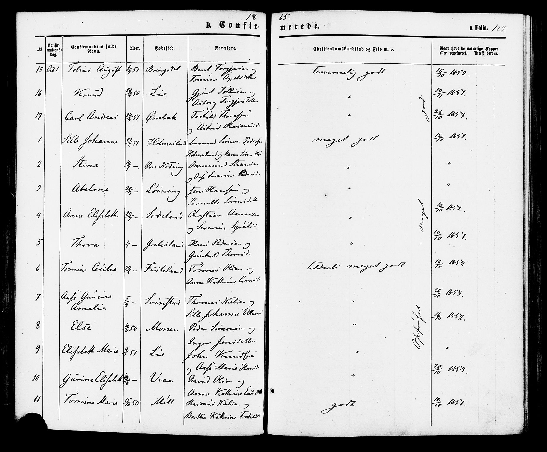 Holum sokneprestkontor, SAK/1111-0022/F/Fa/Faa/L0006: Parish register (official) no. A 6, 1865-1883, p. 124