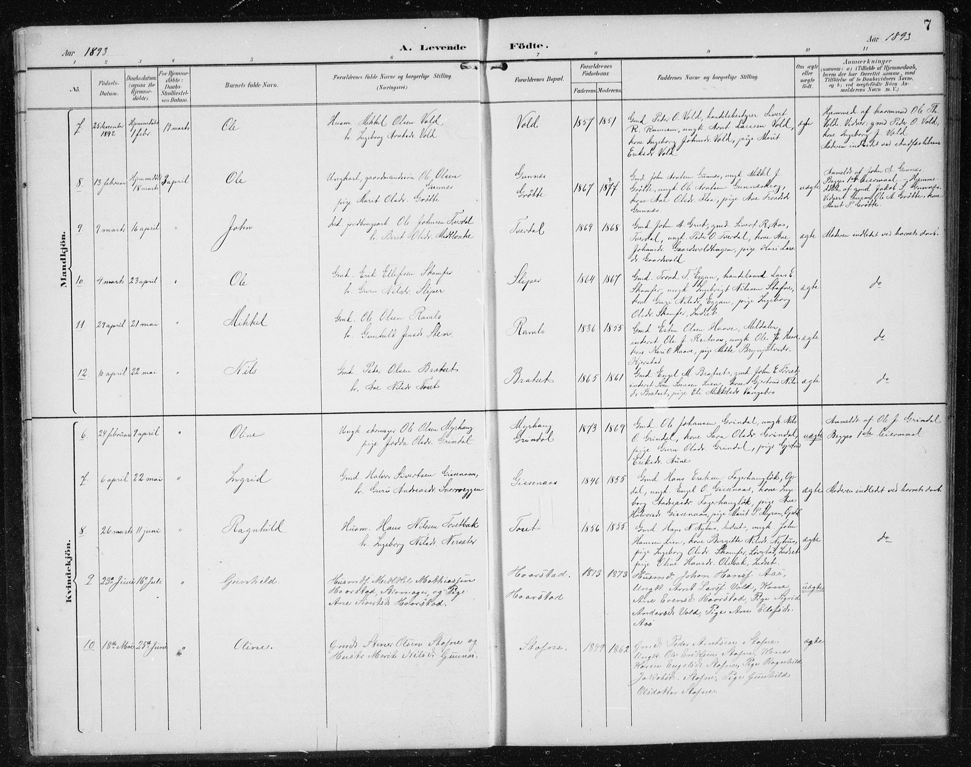 Ministerialprotokoller, klokkerbøker og fødselsregistre - Sør-Trøndelag, SAT/A-1456/674/L0876: Parish register (copy) no. 674C03, 1892-1912, p. 7