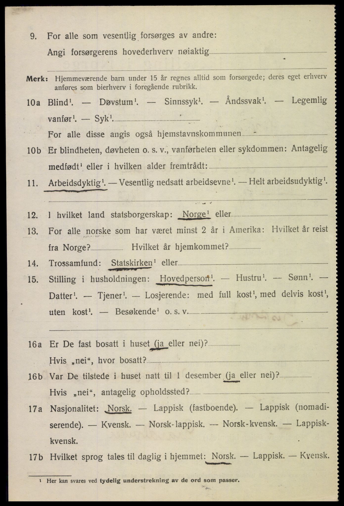 SAT, 1920 census for Sortland, 1920, p. 9927