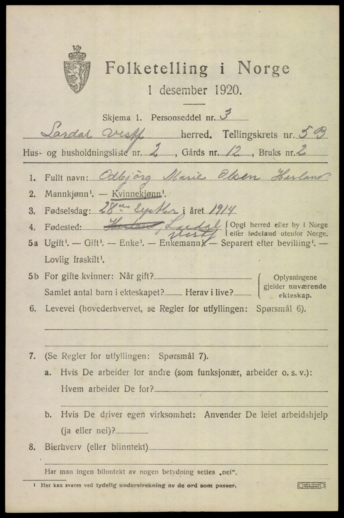 SAKO, 1920 census for Lardal, 1920, p. 5245