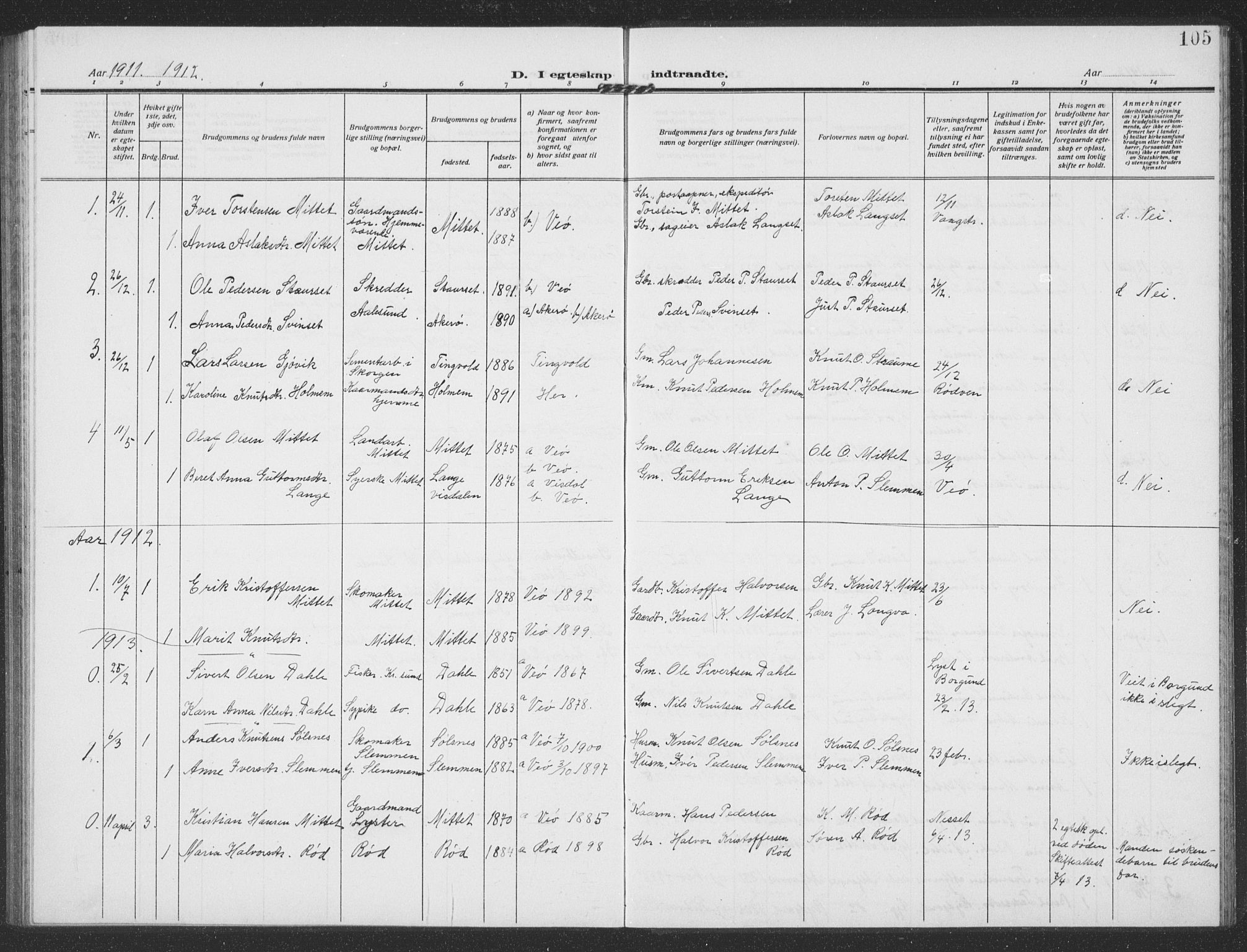 Ministerialprotokoller, klokkerbøker og fødselsregistre - Møre og Romsdal, SAT/A-1454/549/L0615: Parish register (copy) no. 549C01, 1905-1932, p. 105