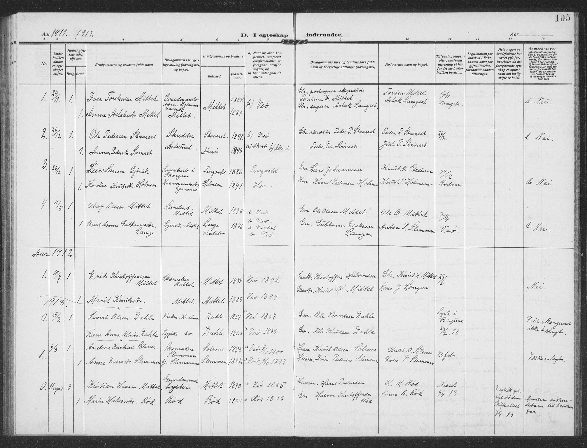 Ministerialprotokoller, klokkerbøker og fødselsregistre - Møre og Romsdal, AV/SAT-A-1454/549/L0615: Parish register (copy) no. 549C01, 1905-1932, p. 105