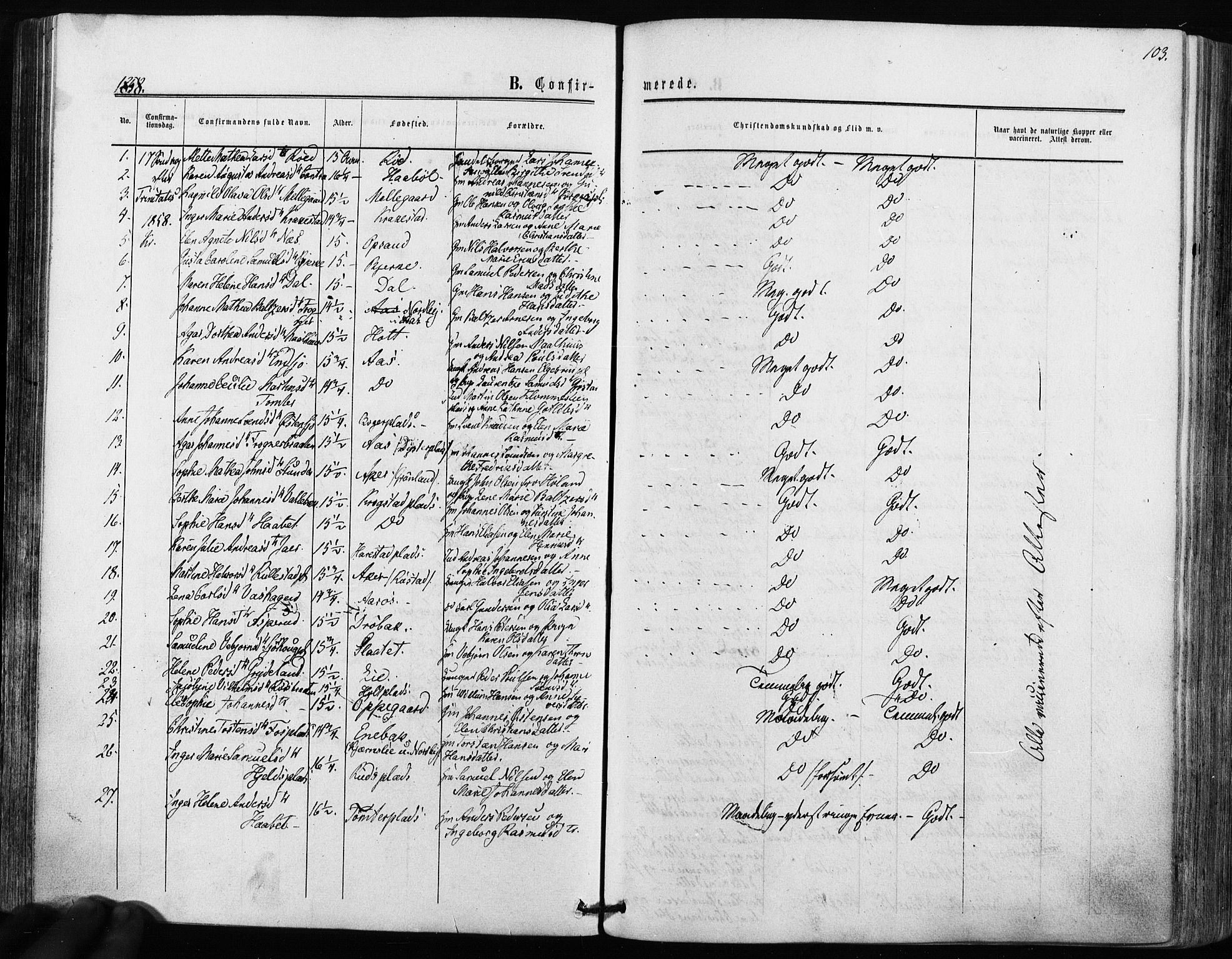 Kråkstad prestekontor Kirkebøker, AV/SAO-A-10125a/F/Fa/L0007: Parish register (official) no. I 7, 1858-1870, p. 103