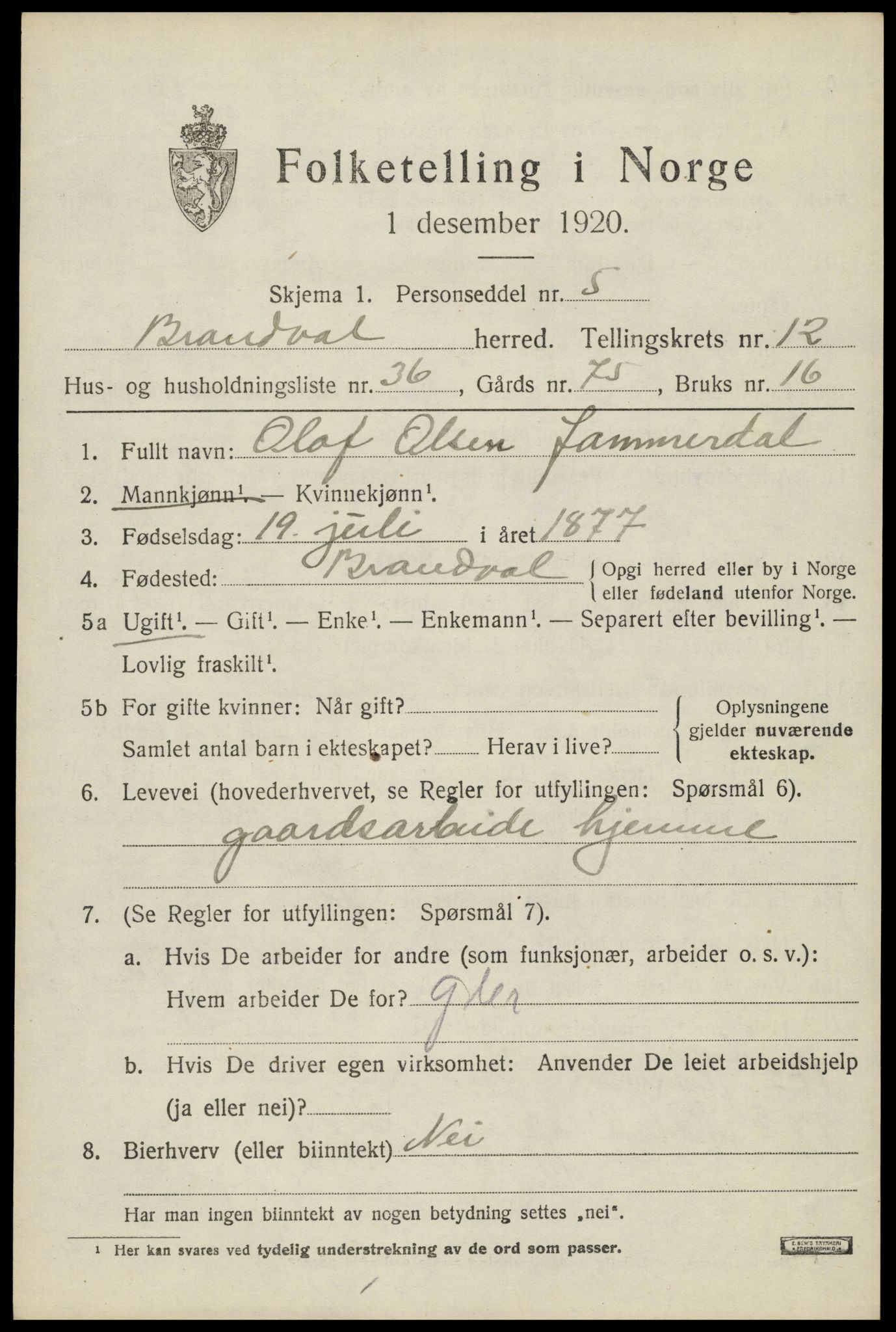 SAH, 1920 census for Brandval, 1920, p. 8858