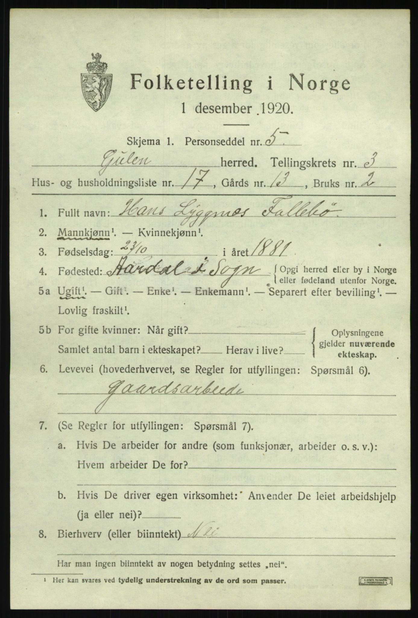 SAB, 1920 census for Gulen, 1920, p. 1707