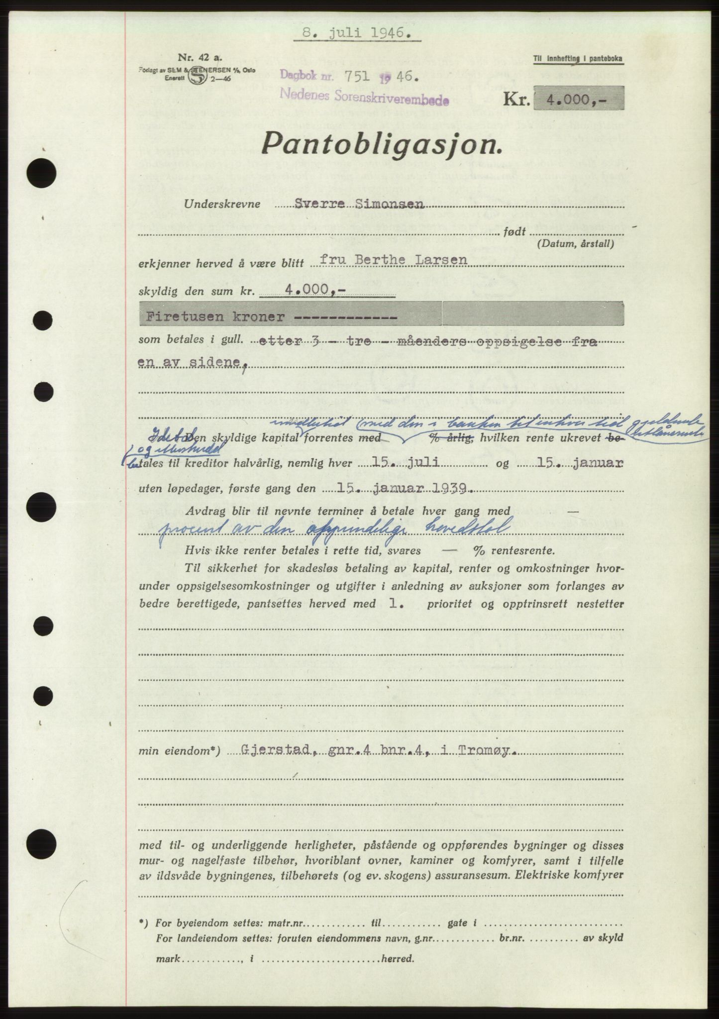 Nedenes sorenskriveri, SAK/1221-0006/G/Gb/Gbb/L0003: Mortgage book no. B3b, 1946-1946, Diary no: : 751/1946