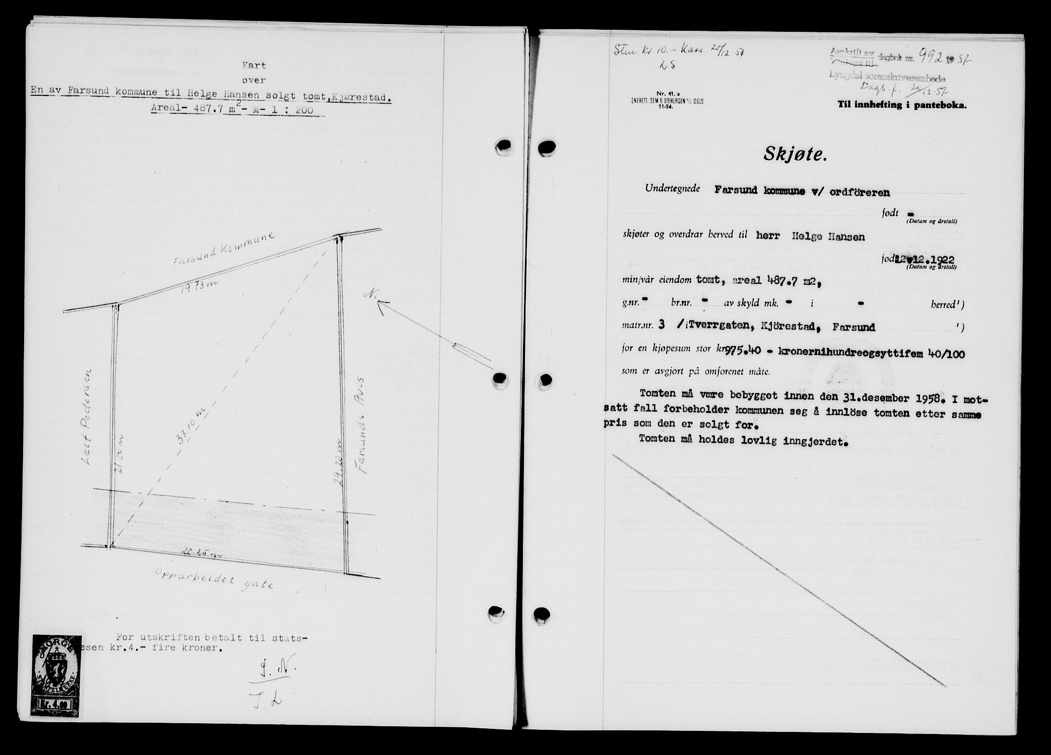 Lyngdal sorenskriveri, AV/SAK-1221-0004/G/Gb/L0676: Mortgage book no. A XXII, 1957-1957, Diary no: : 992/1957