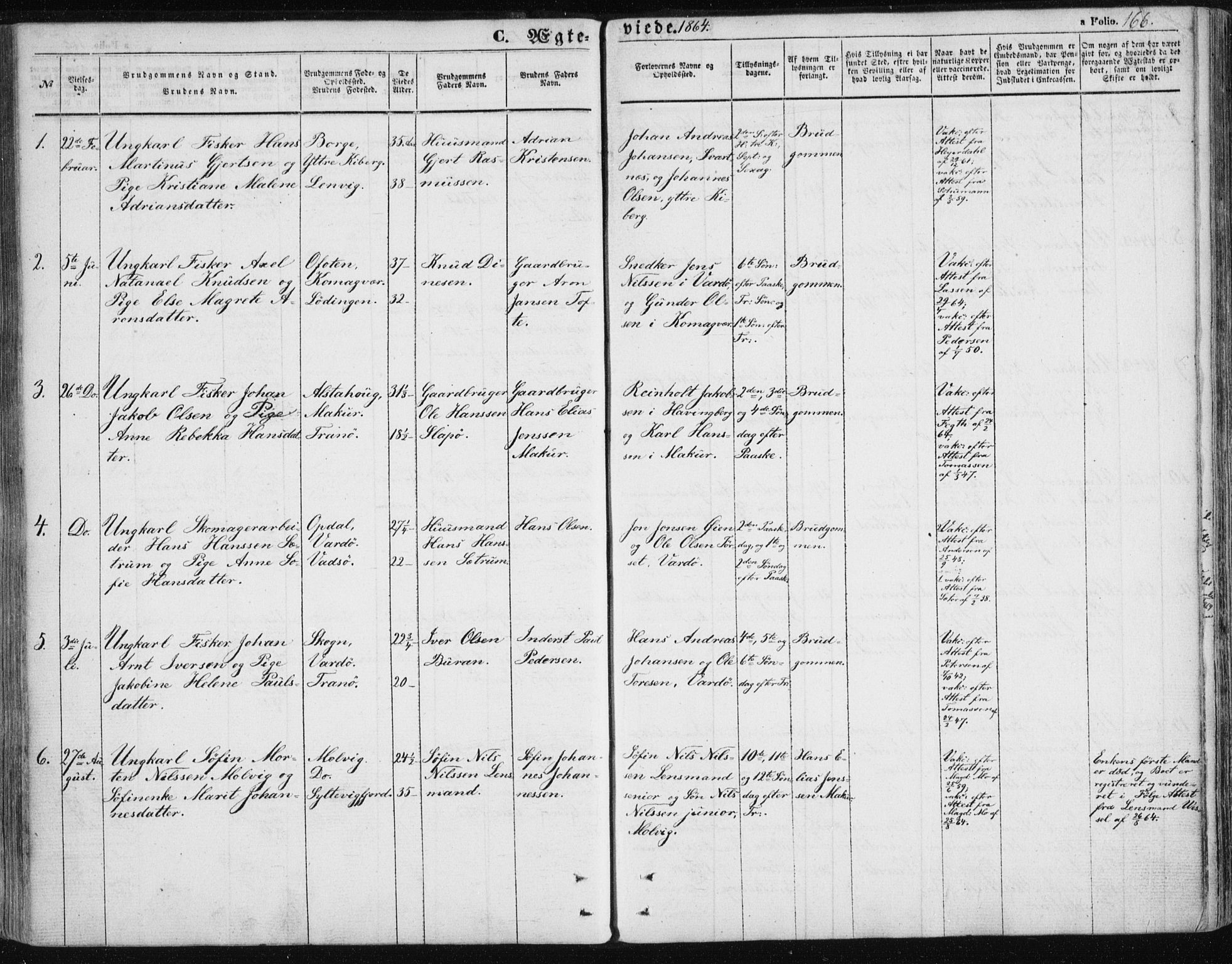 Vardø sokneprestkontor, SATØ/S-1332/H/Ha/L0004kirke: Parish register (official) no. 4, 1862-1871, p. 166