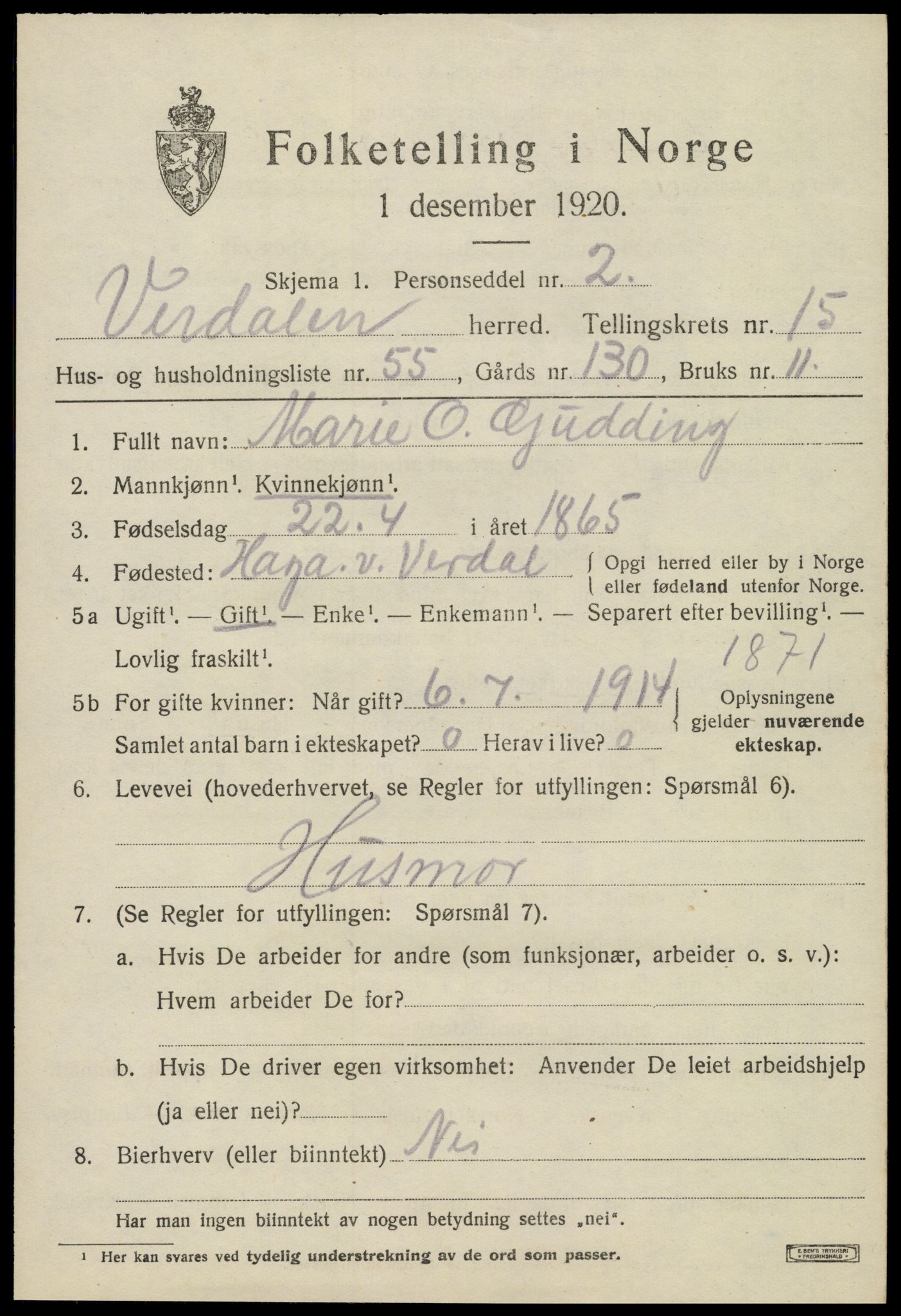 SAT, 1920 census for Verdal, 1920, p. 14829