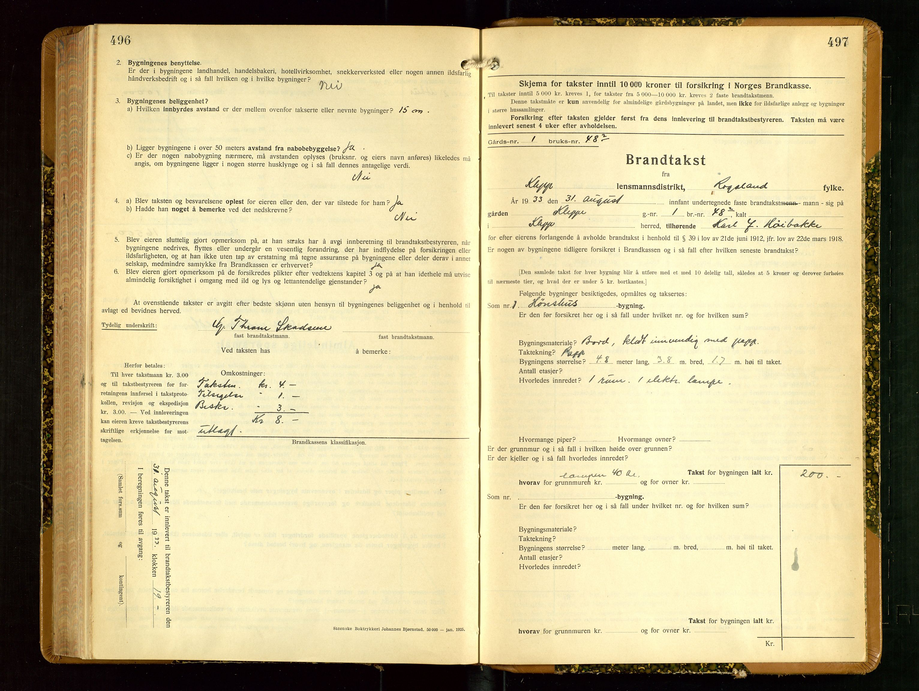 Klepp lensmannskontor, SAST/A-100163/Goc/L0012: "Brandtakstprotokoll" m/register, 1929-1933, p. 496-497