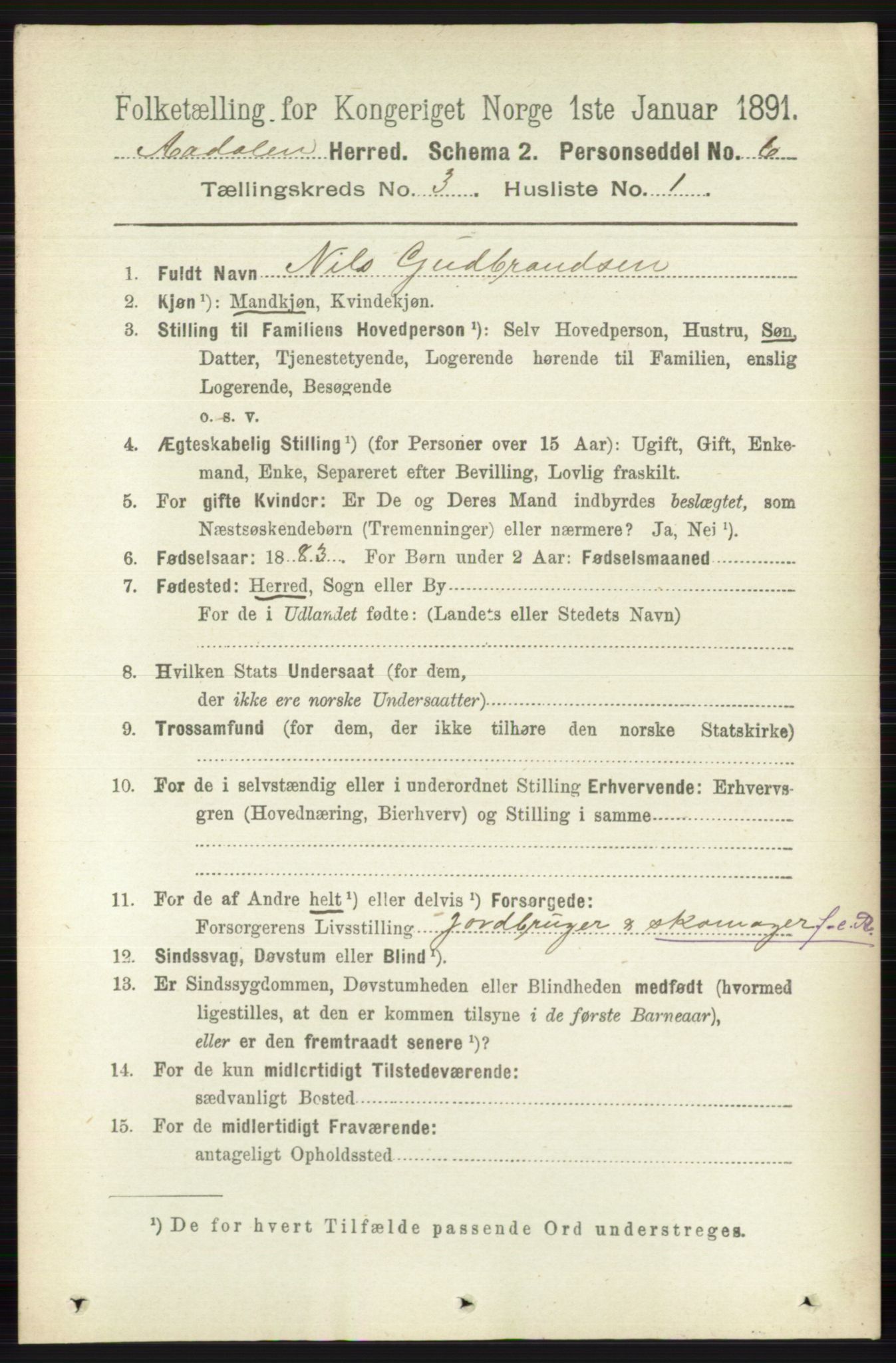 RA, 1891 census for 0614 Ådal, 1891, p. 1033
