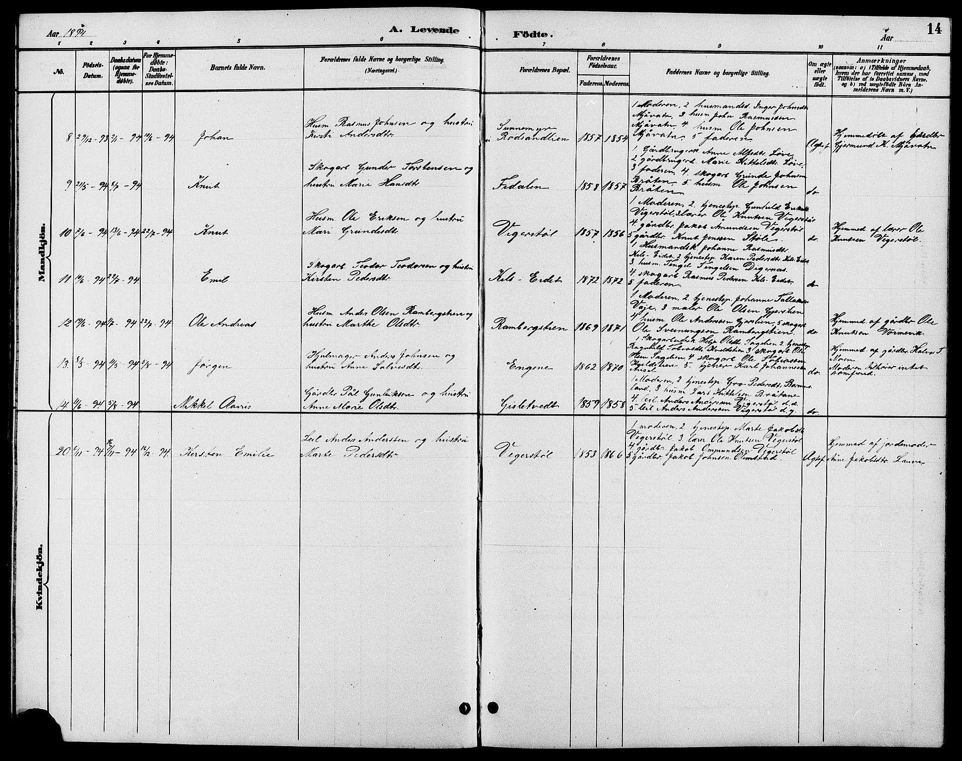 Gjerstad sokneprestkontor, SAK/1111-0014/F/Fb/Fbb/L0004: Parish register (copy) no. B 4, 1890-1910, p. 14