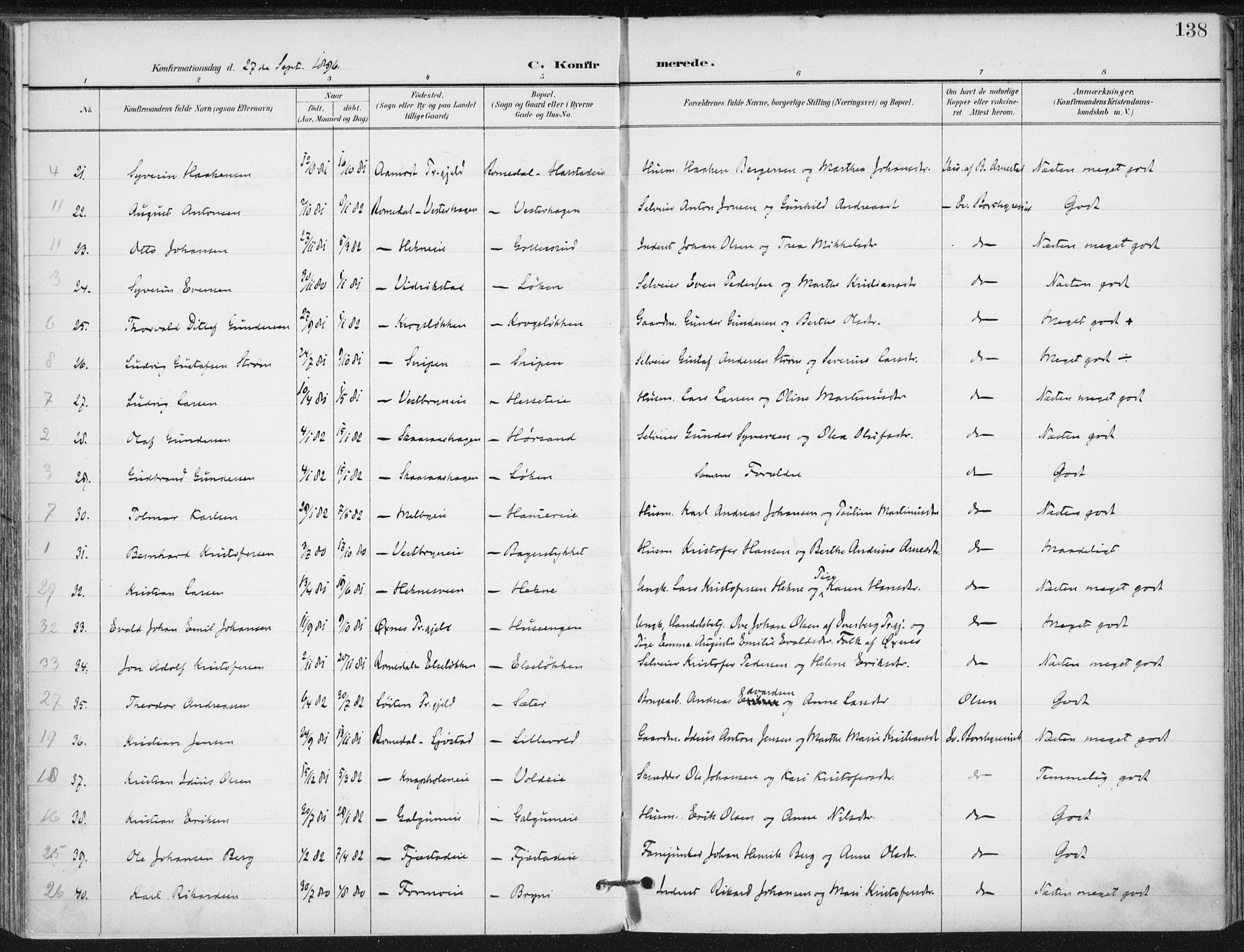 Romedal prestekontor, AV/SAH-PREST-004/K/L0011: Parish register (official) no. 11, 1896-1912, p. 138