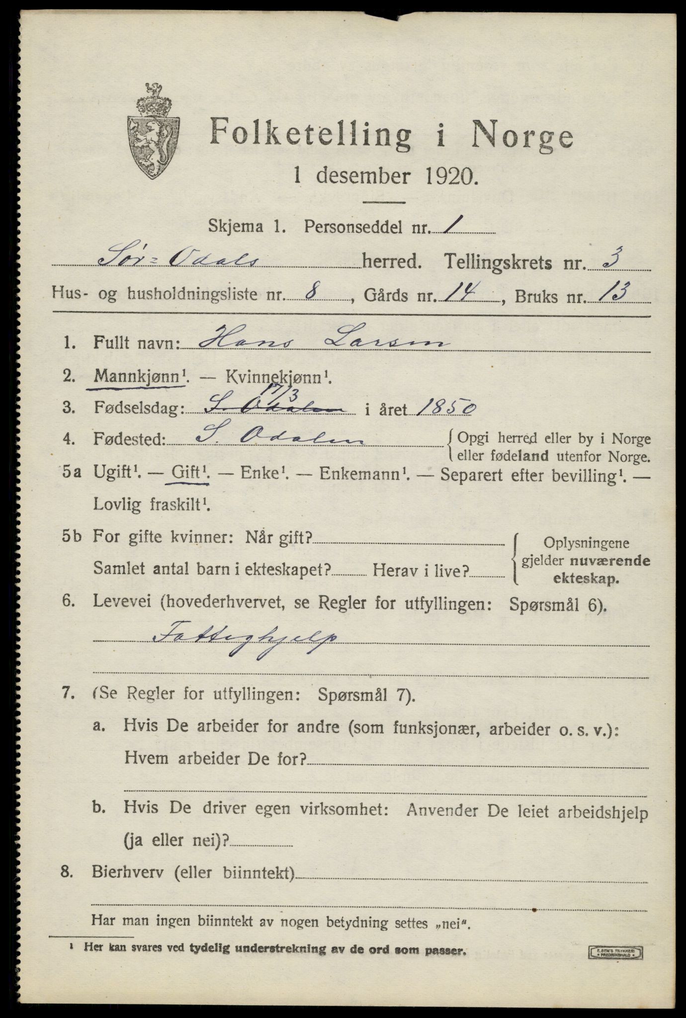 SAH, 1920 census for Sør-Odal, 1920, p. 4335