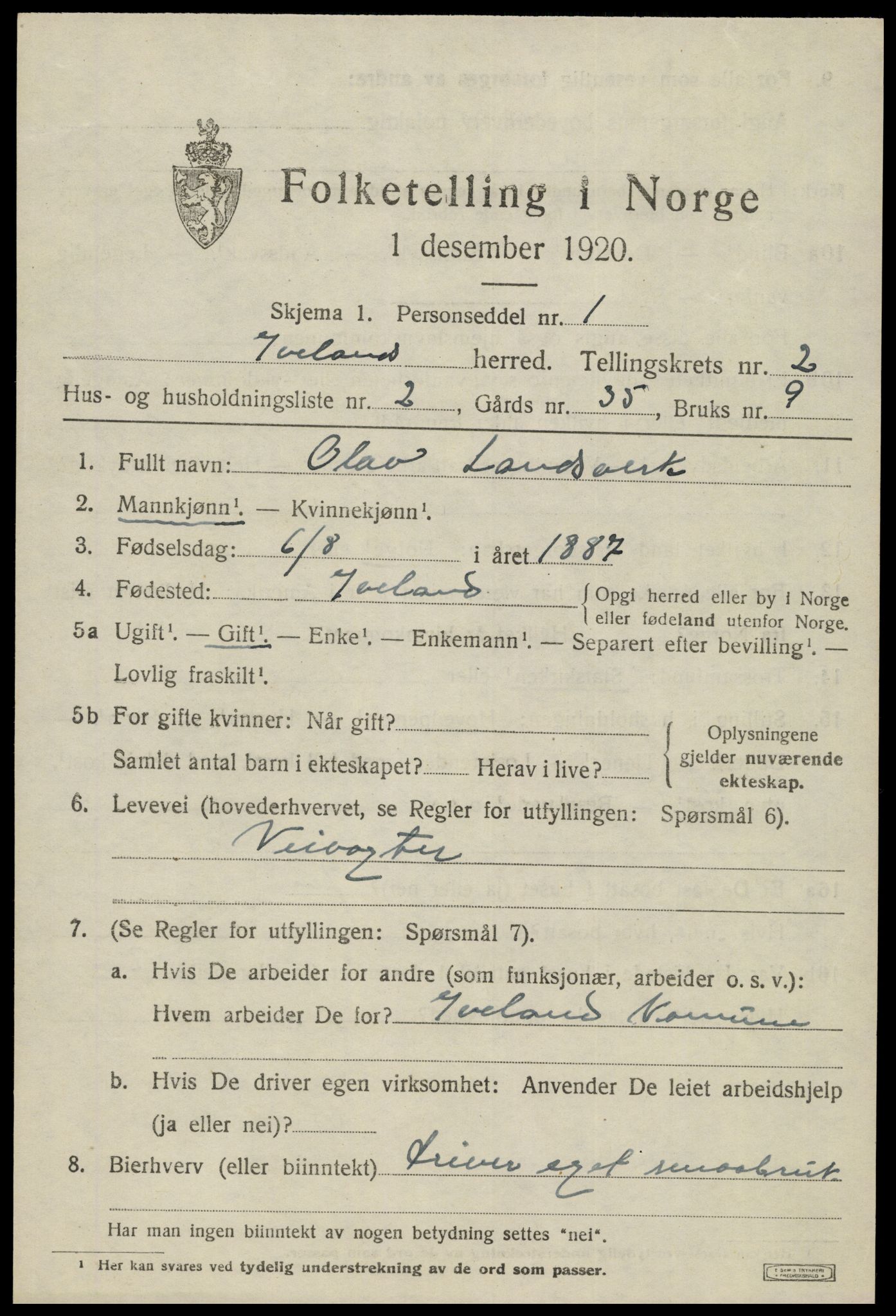 SAK, 1920 census for Iveland, 1920, p. 607