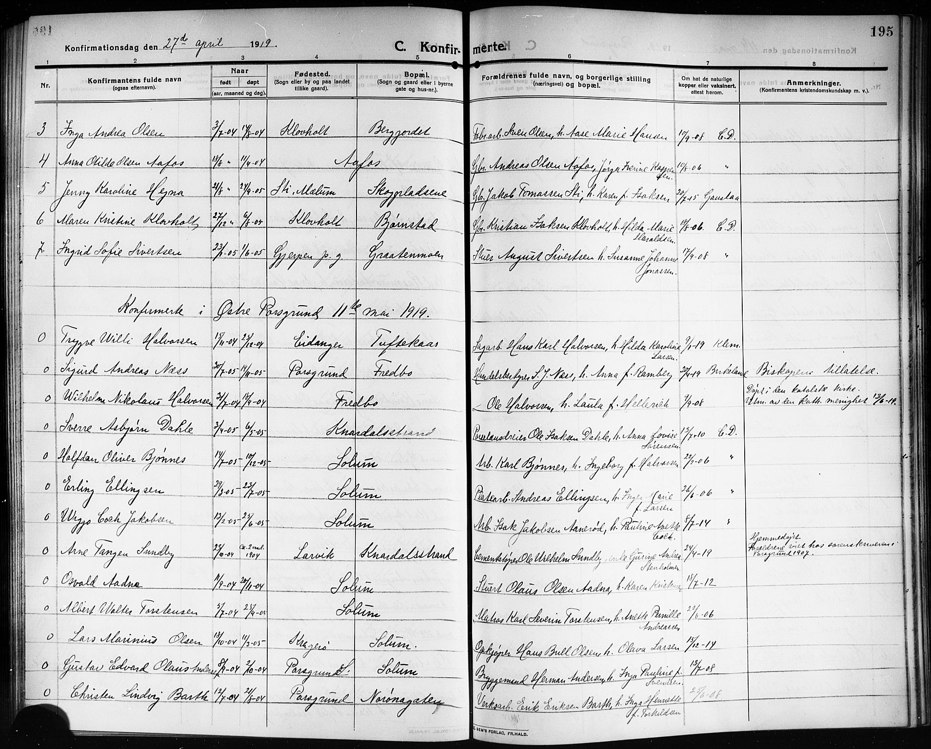 Solum kirkebøker, AV/SAKO-A-306/G/Ga/L0009: Parish register (copy) no. I 9, 1909-1922, p. 195