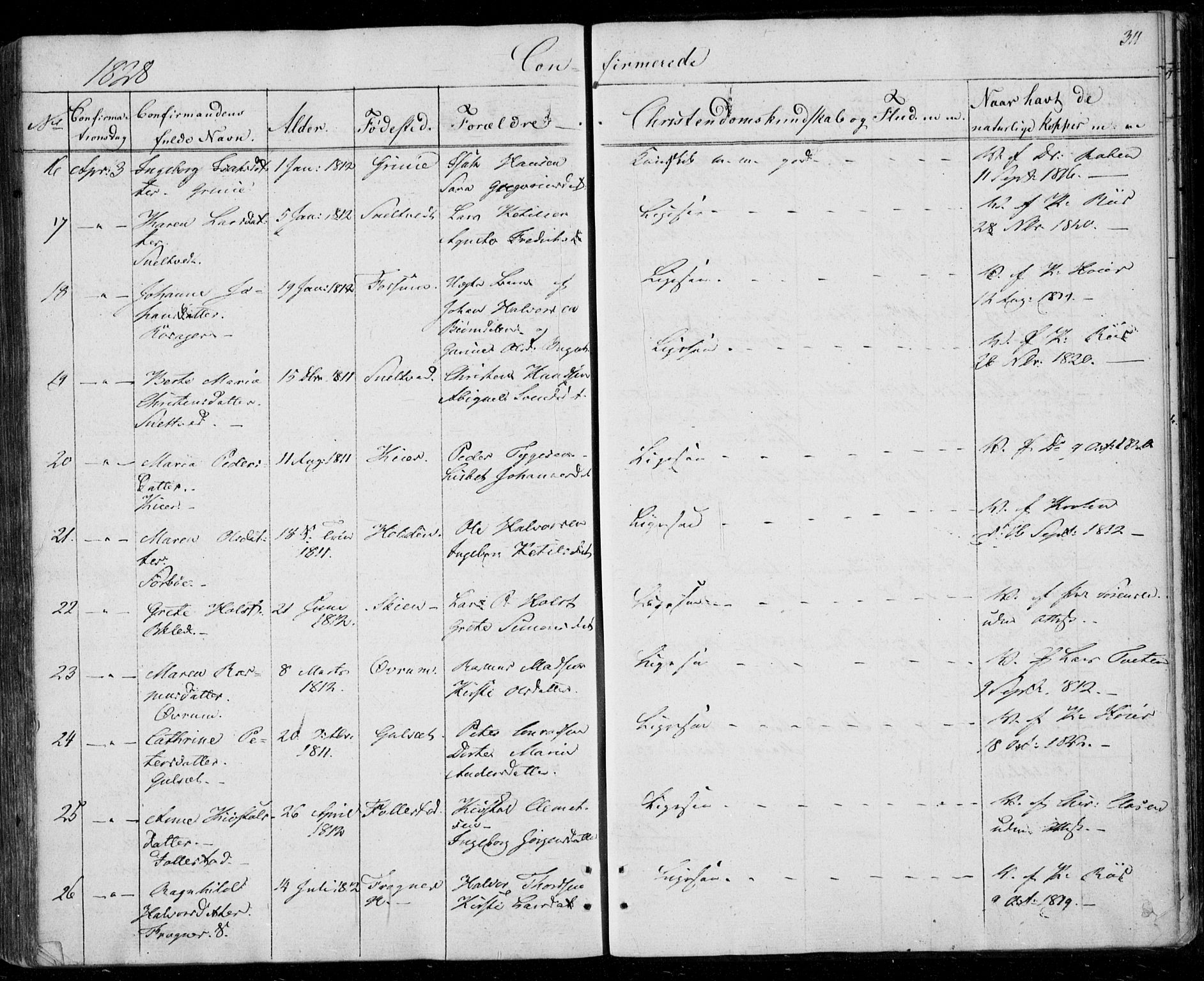 Gjerpen kirkebøker, SAKO/A-265/F/Fa/L0005: Parish register (official) no. I 5, 1823-1829, p. 311