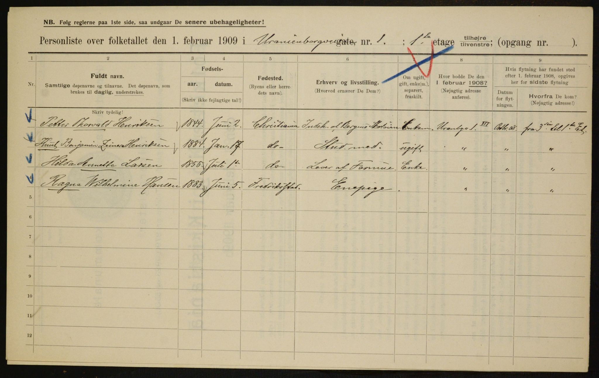 OBA, Municipal Census 1909 for Kristiania, 1909, p. 109168