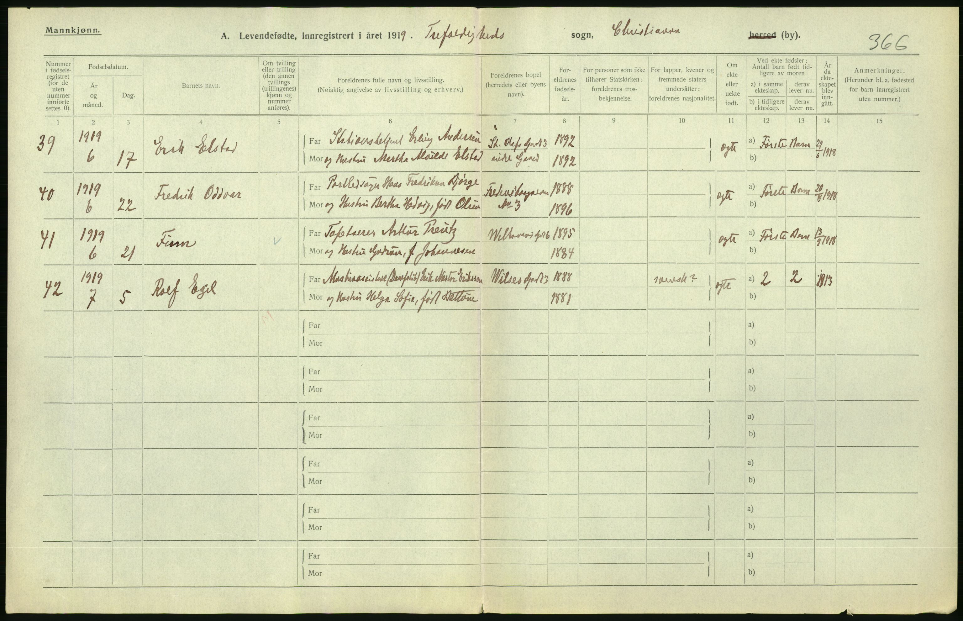 Statistisk sentralbyrå, Sosiodemografiske emner, Befolkning, AV/RA-S-2228/D/Df/Dfb/Dfbi/L0007: Kristiania: Levendefødte menn og kvinner., 1919, p. 330