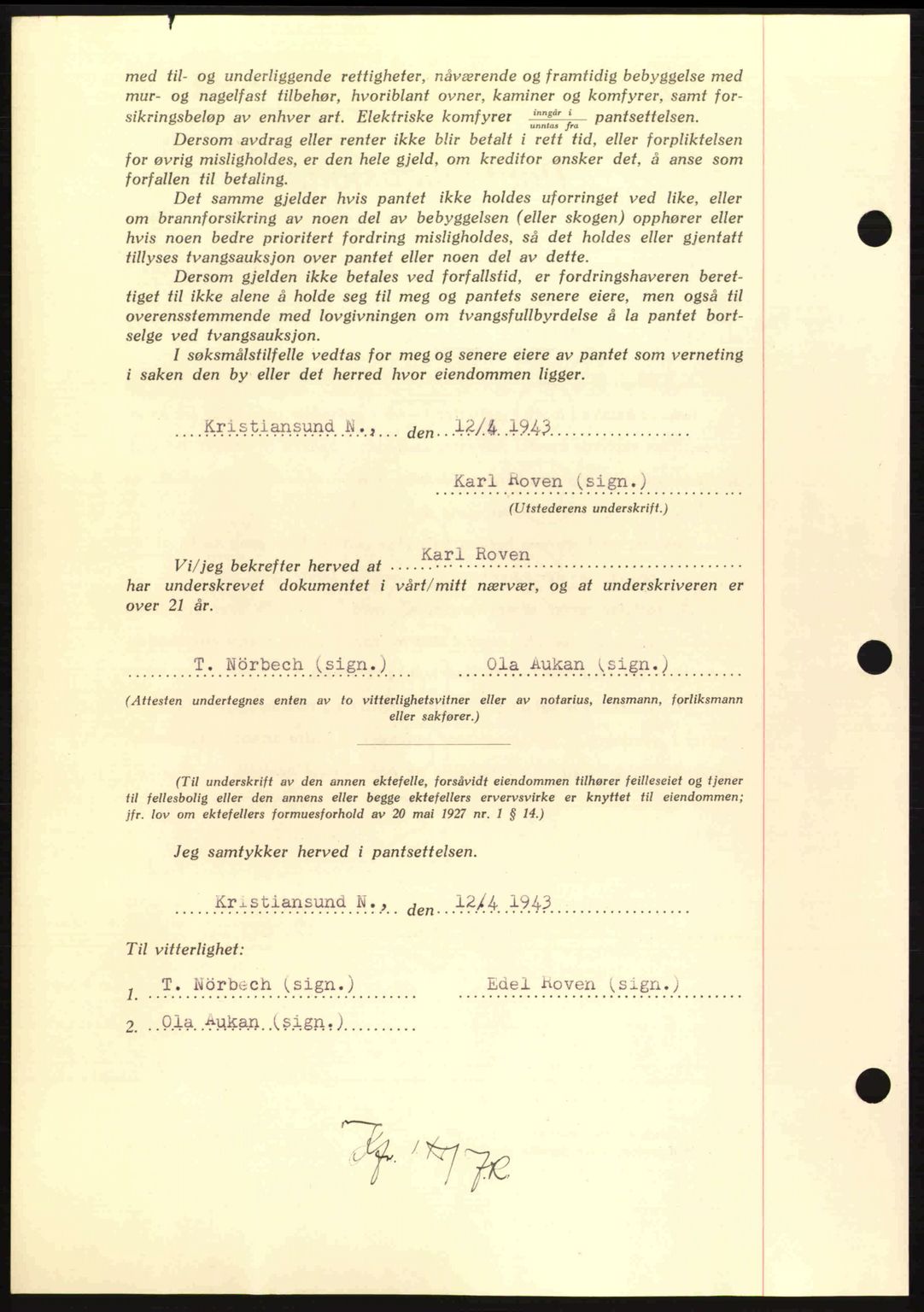 Nordmøre sorenskriveri, AV/SAT-A-4132/1/2/2Ca: Mortgage book no. B90, 1942-1943, Diary no: : 1091/1943