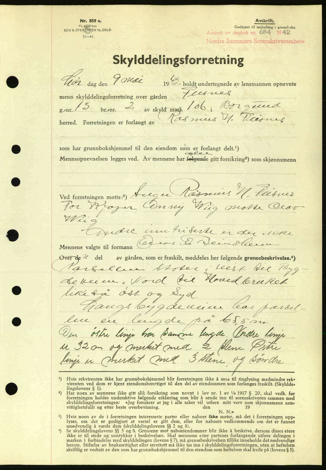 Nordre Sunnmøre sorenskriveri, AV/SAT-A-0006/1/2/2C/2Ca: Mortgage book no. A13, 1942-1942, Diary no: : 684/1942