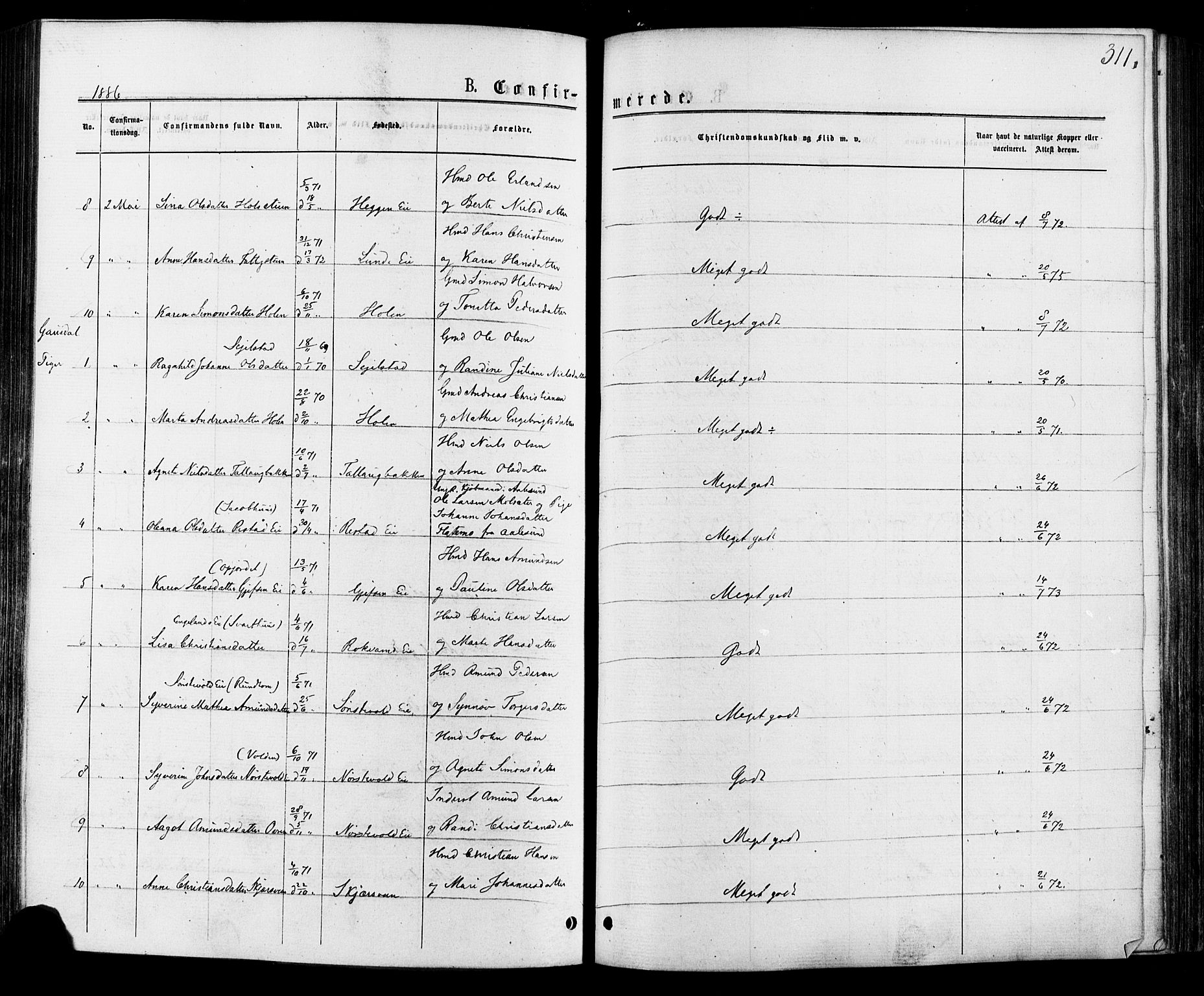 Østre Gausdal prestekontor, SAH/PREST-092/H/Ha/Haa/L0001: Parish register (official) no. 1, 1874-1886, p. 311