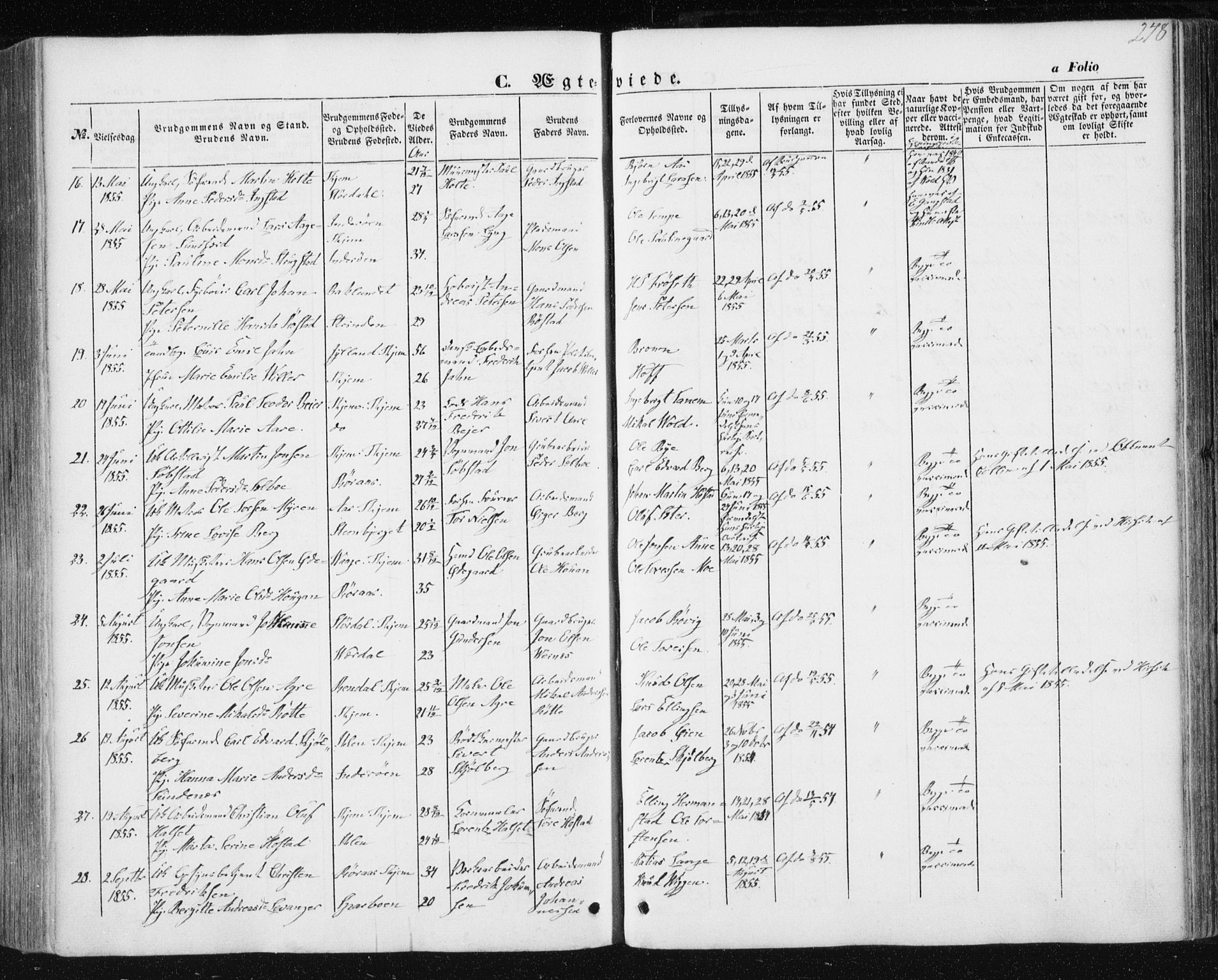Ministerialprotokoller, klokkerbøker og fødselsregistre - Sør-Trøndelag, SAT/A-1456/602/L0112: Parish register (official) no. 602A10, 1848-1859, p. 278