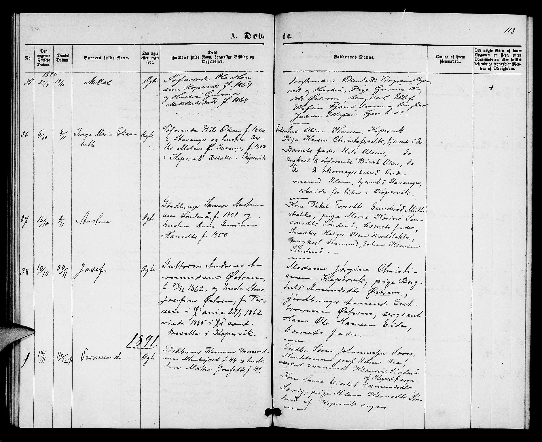Kopervik sokneprestkontor, SAST/A-101850/H/Ha/Hab/L0001: Parish register (copy) no. B 1, 1877-1891, p. 113