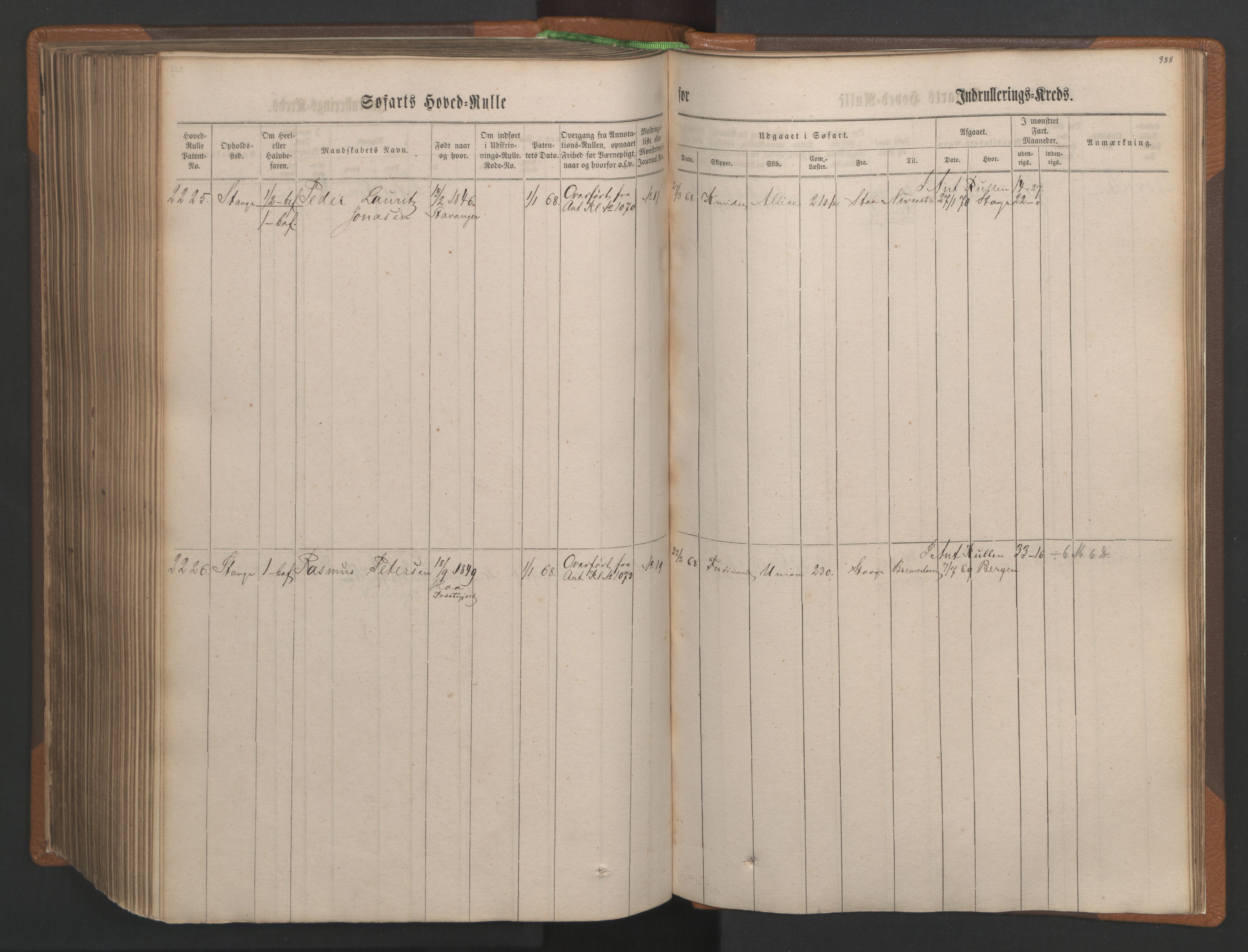 Stavanger sjømannskontor, AV/SAST-A-102006/F/Fb/Fbb/L0003: Sjøfartshovedrulle, patentnr. 1451-2270, 1863, p. 405