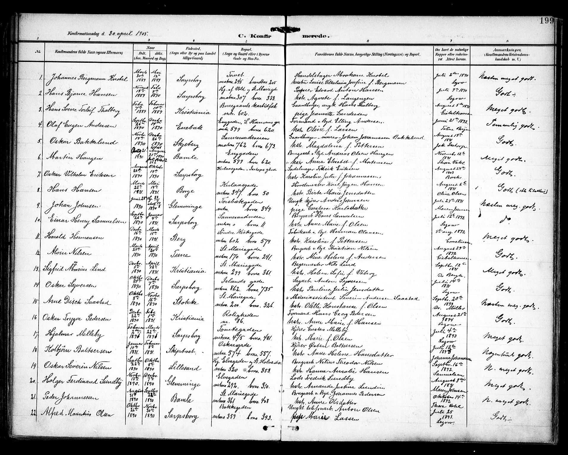 Sarpsborg prestekontor Kirkebøker, AV/SAO-A-2006/F/Fa/L0005: Parish register (official) no. 5, 1900-1909, p. 199