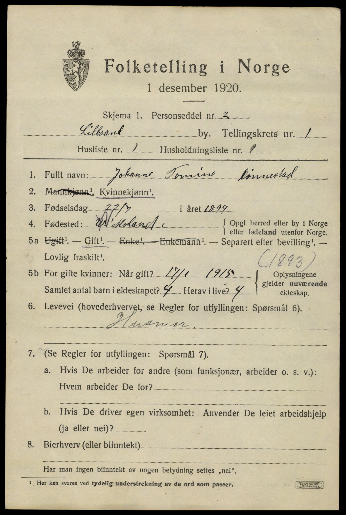 SAK, 1920 census for Lillesand, 1920, p. 1151