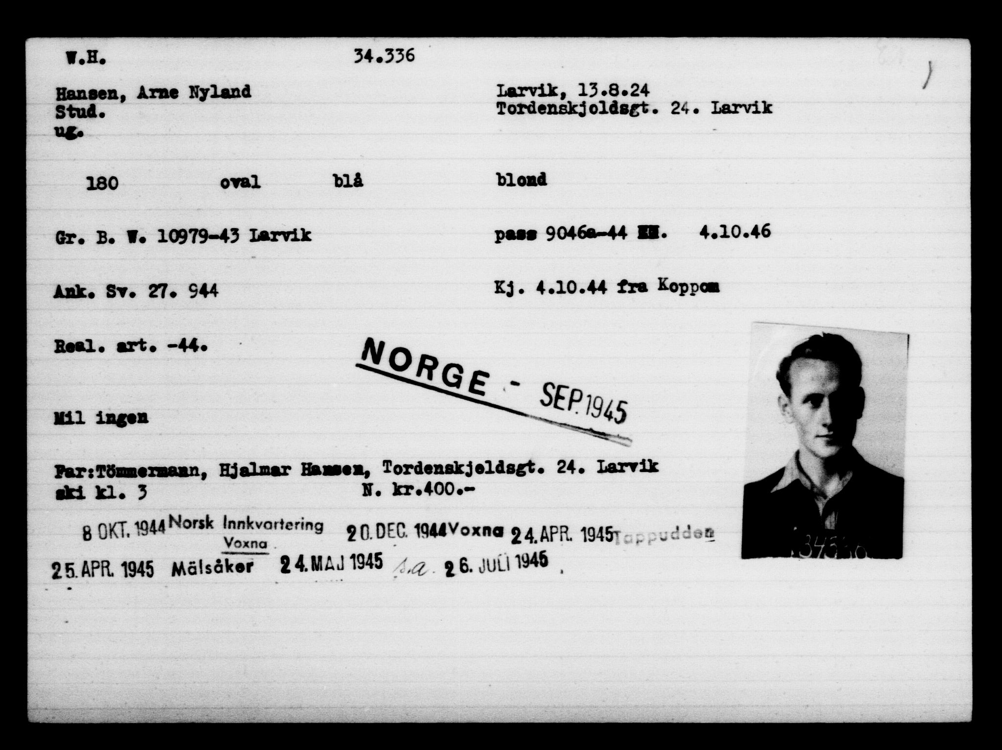 Utenriksstasjonene, Legasjonen i Stockholm, Flyktningkontoret, AV/RA-S-6753/V/Va/L0013: Kjesäterkartoteket, flyktninger med registreringsnr. 31500-34731, 1940-1945, p. 2989