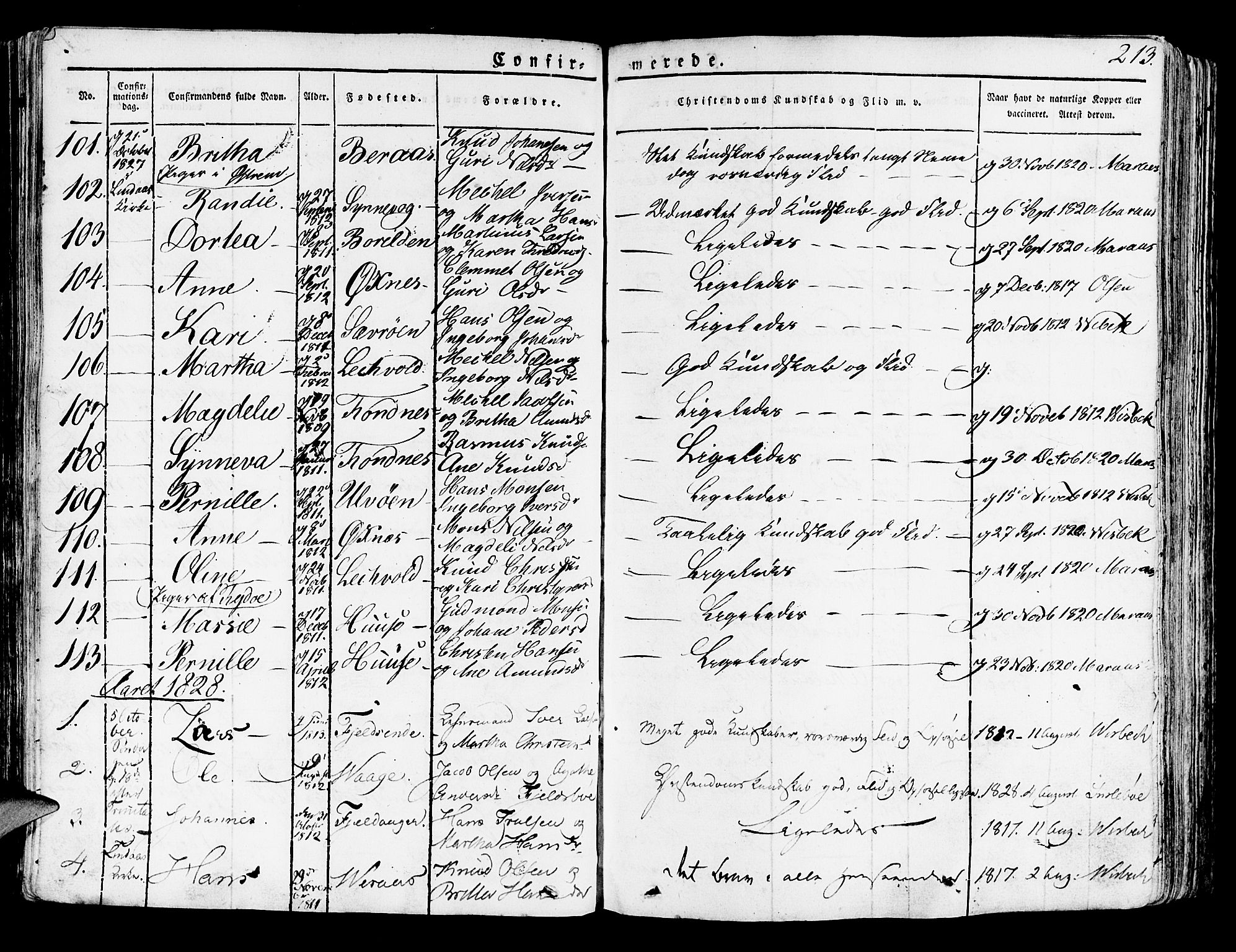 Lindås Sokneprestembete, SAB/A-76701/H/Haa: Parish register (official) no. A 8, 1823-1836, p. 213