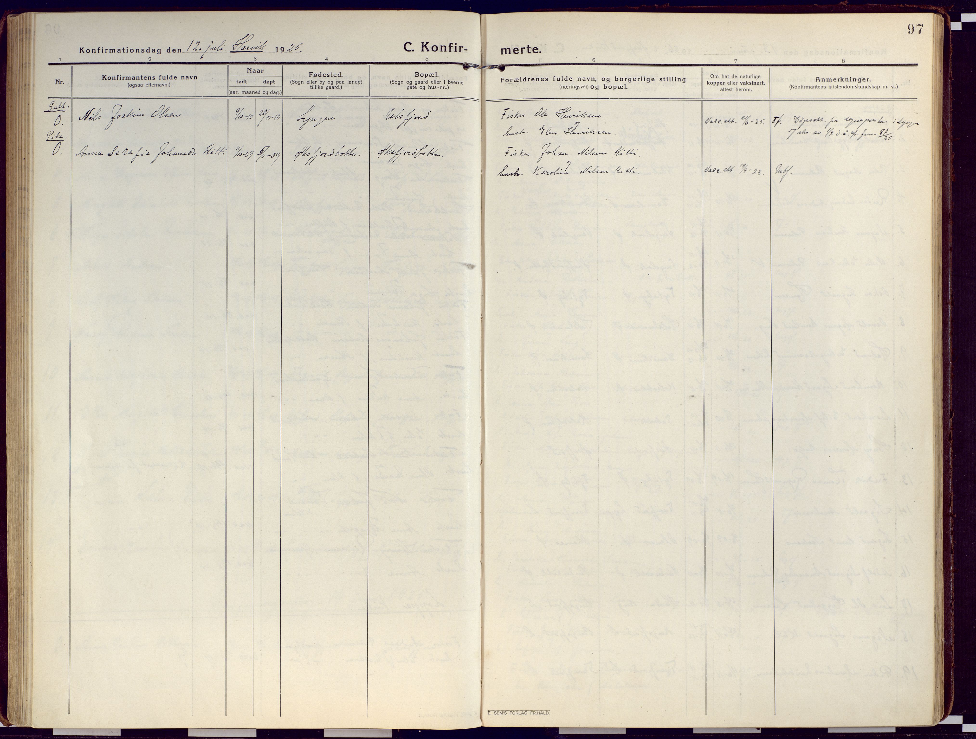 Loppa sokneprestkontor, SATØ/S-1339/H/Ha/L0012kirke: Parish register (official) no. 12, 1917-1932, p. 97