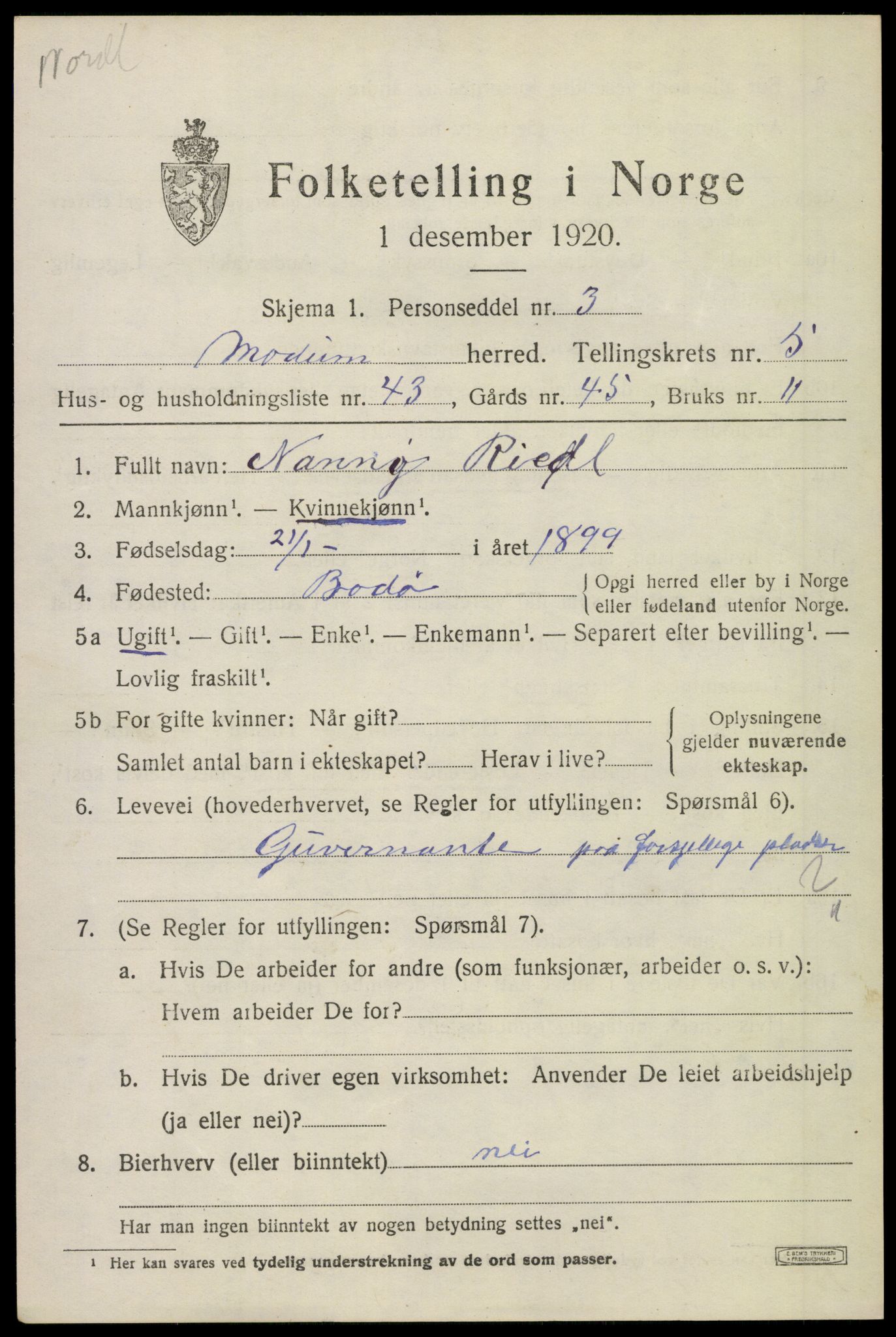 SAKO, 1920 census for Modum, 1920, p. 6999