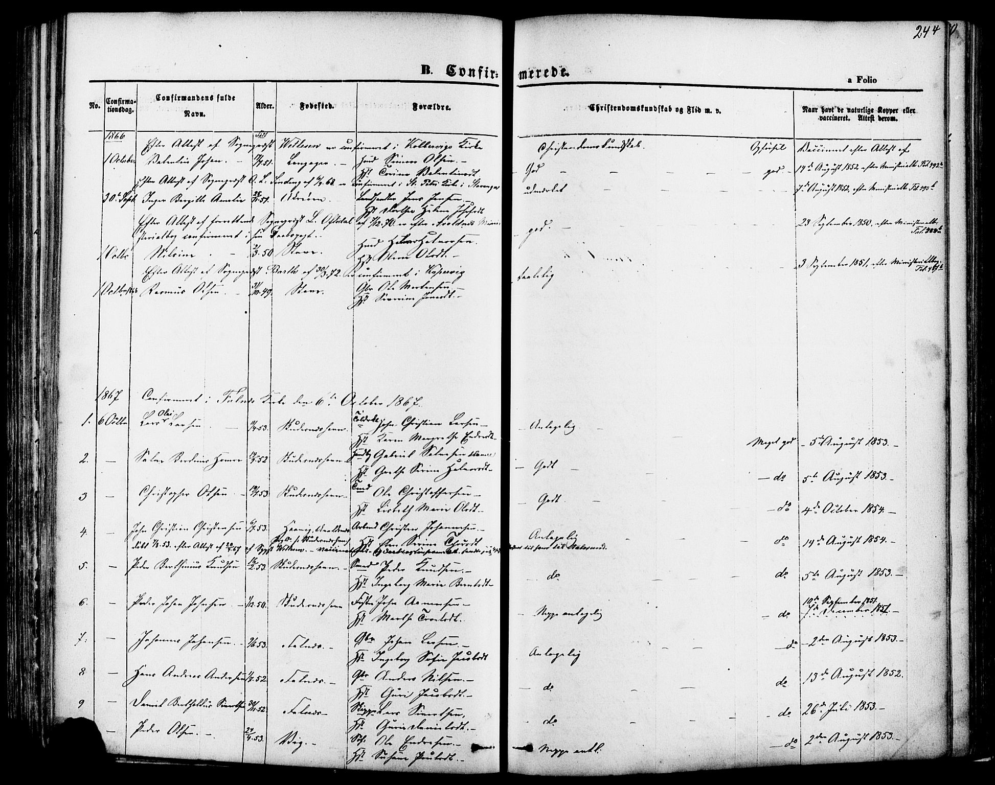 Skudenes sokneprestkontor, SAST/A -101849/H/Ha/Haa/L0006: Parish register (official) no. A 4, 1864-1881, p. 244