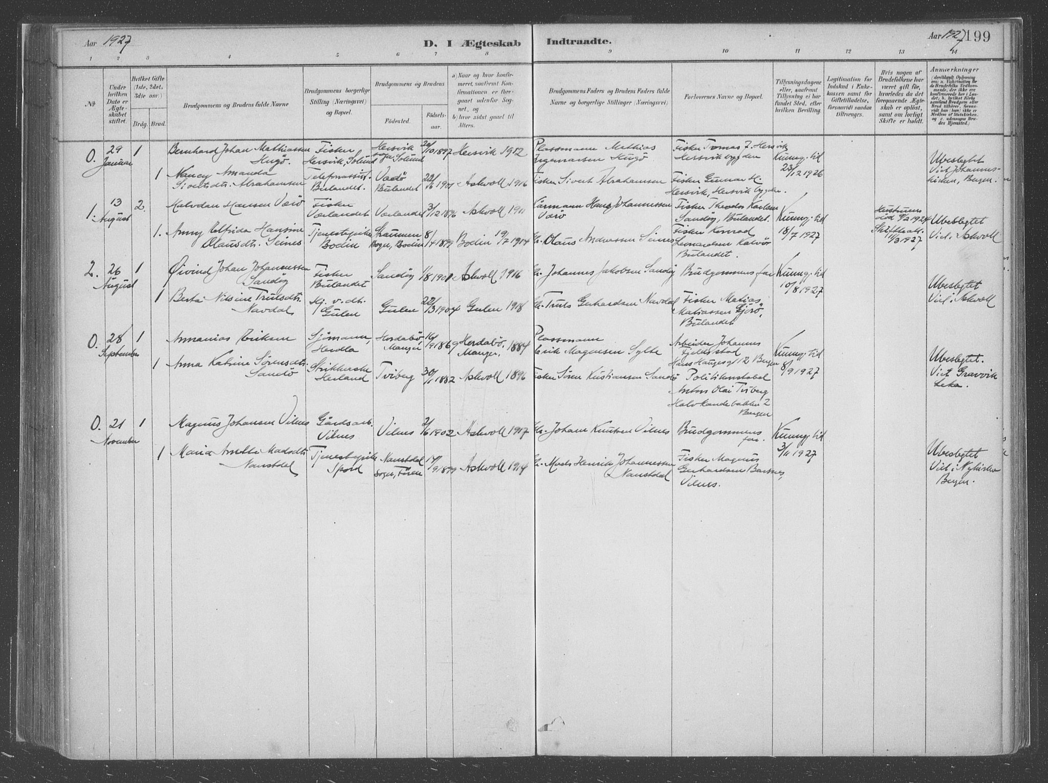 Askvoll sokneprestembete, SAB/A-79501/H/Haa/Haac/L0001: Parish register (official) no. C  1, 1879-1922, p. 199